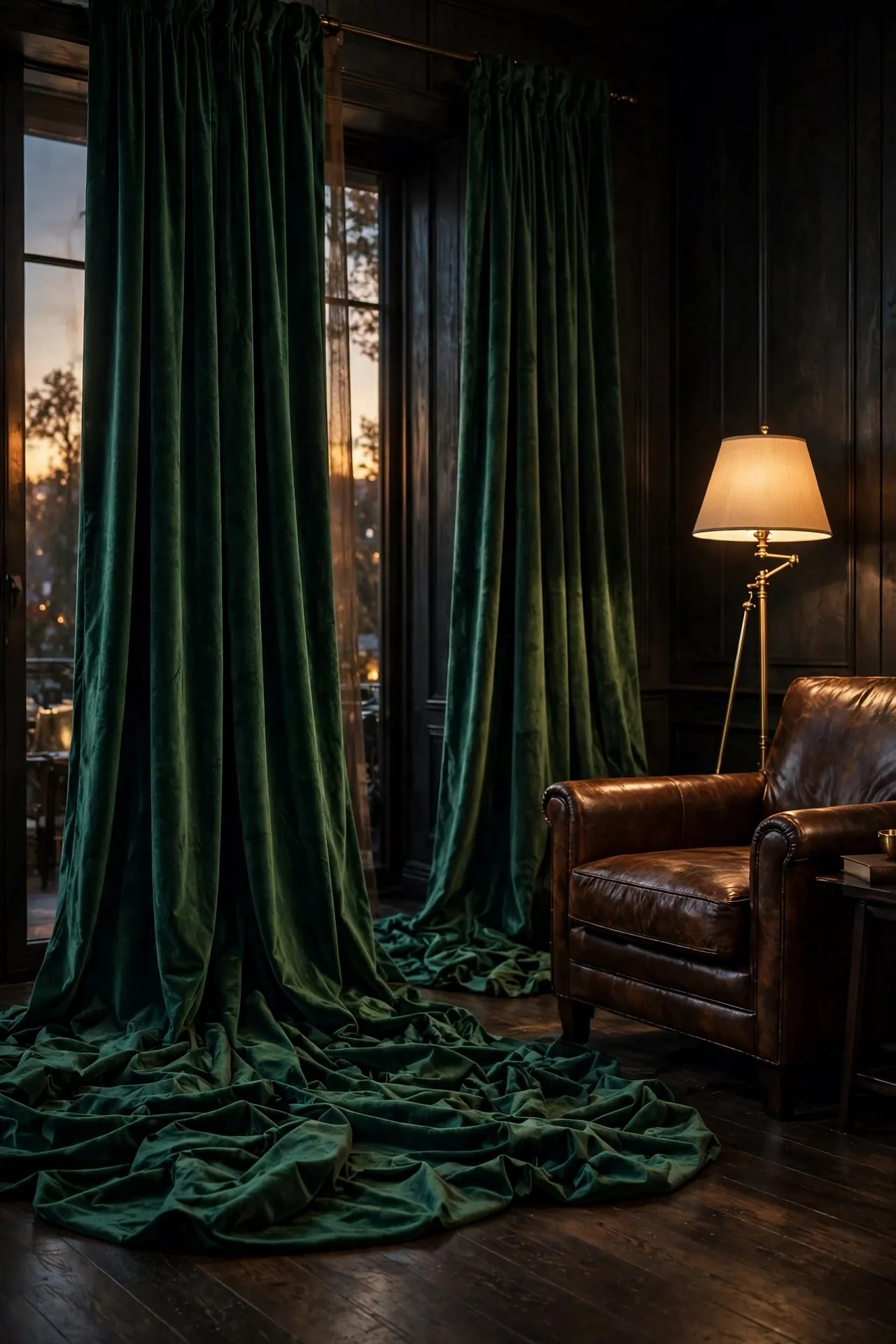 Deep green velvet curtains in a moody living room