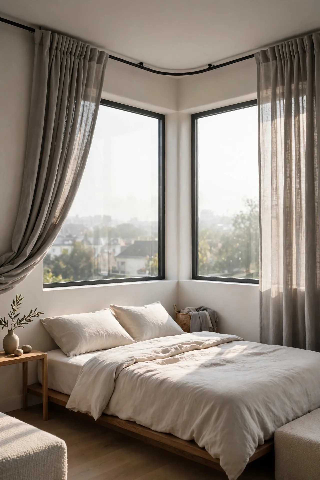 Bedroom with ceiling track curtains wrapping the windows