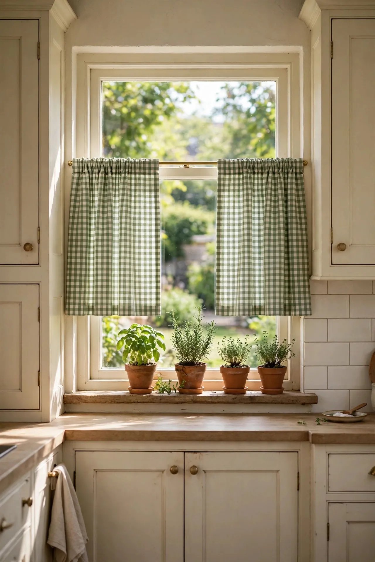 Kitchen window with gingham cafe curtains on a brass rod