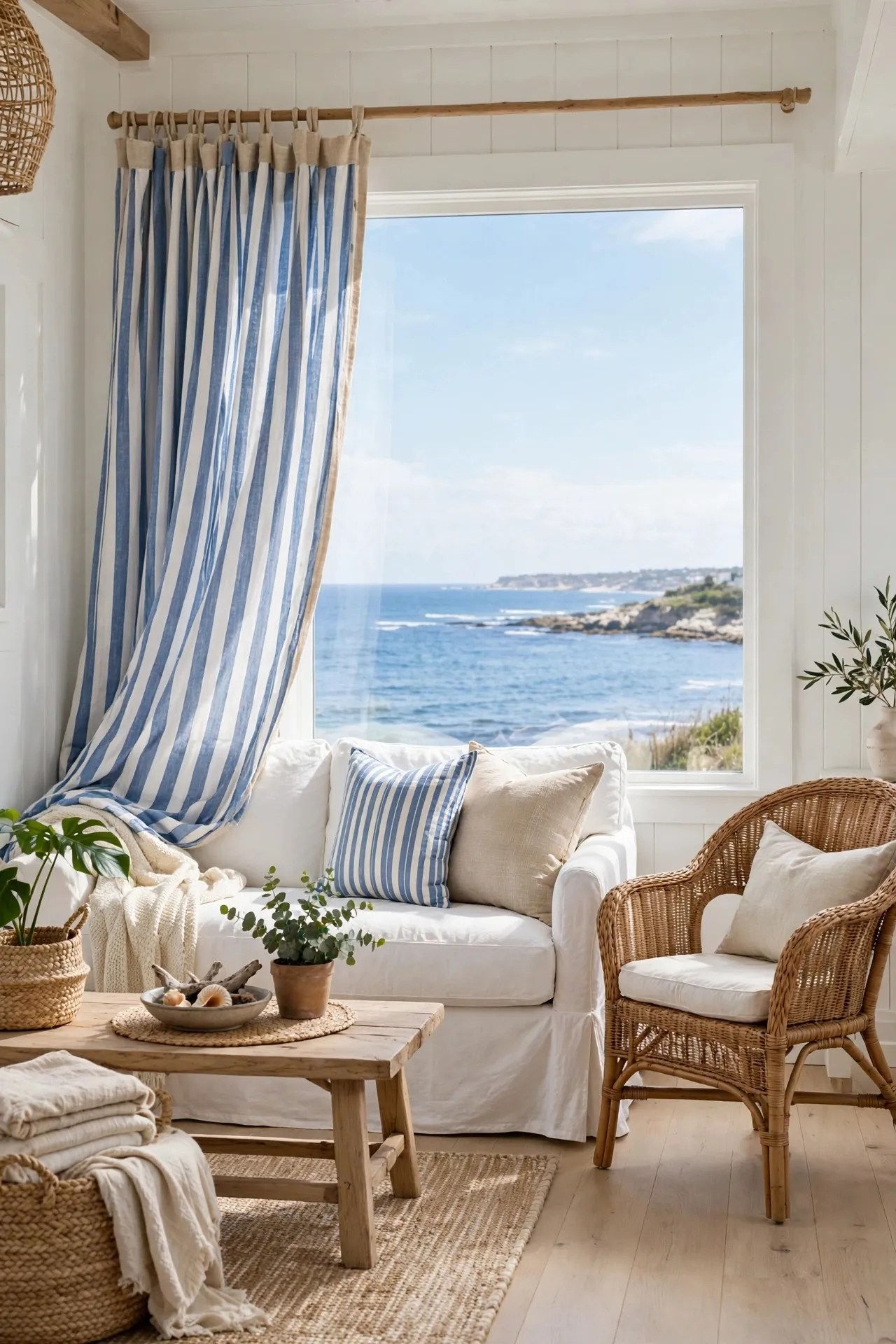 Coastal living room with blue and white striped curtains