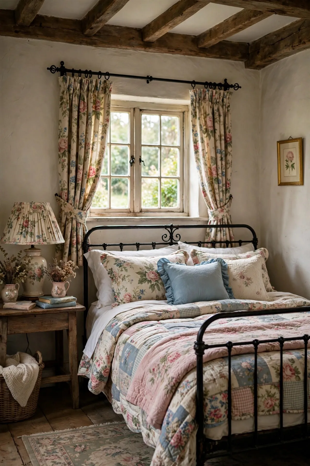 Floral patterned curtains in an English cottage bedroom