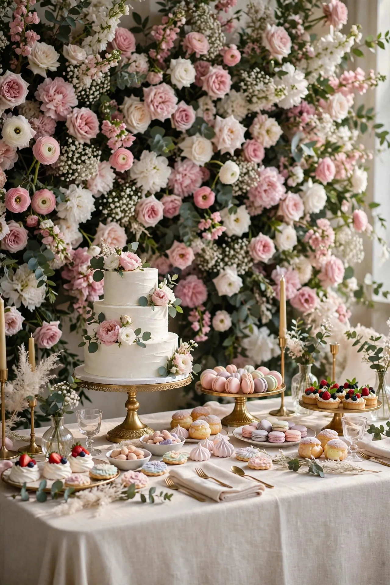 Dessert table in front of a floral wall backdrop