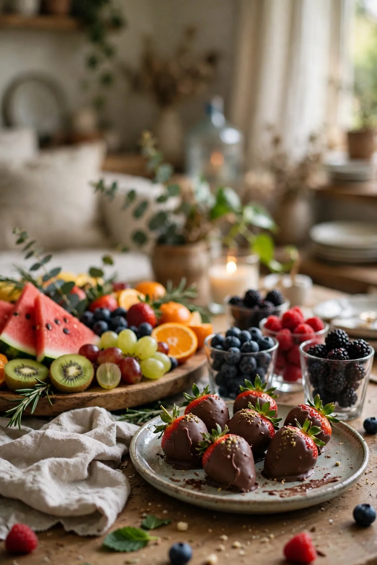 Dessert table with fresh fruit platter and berries
