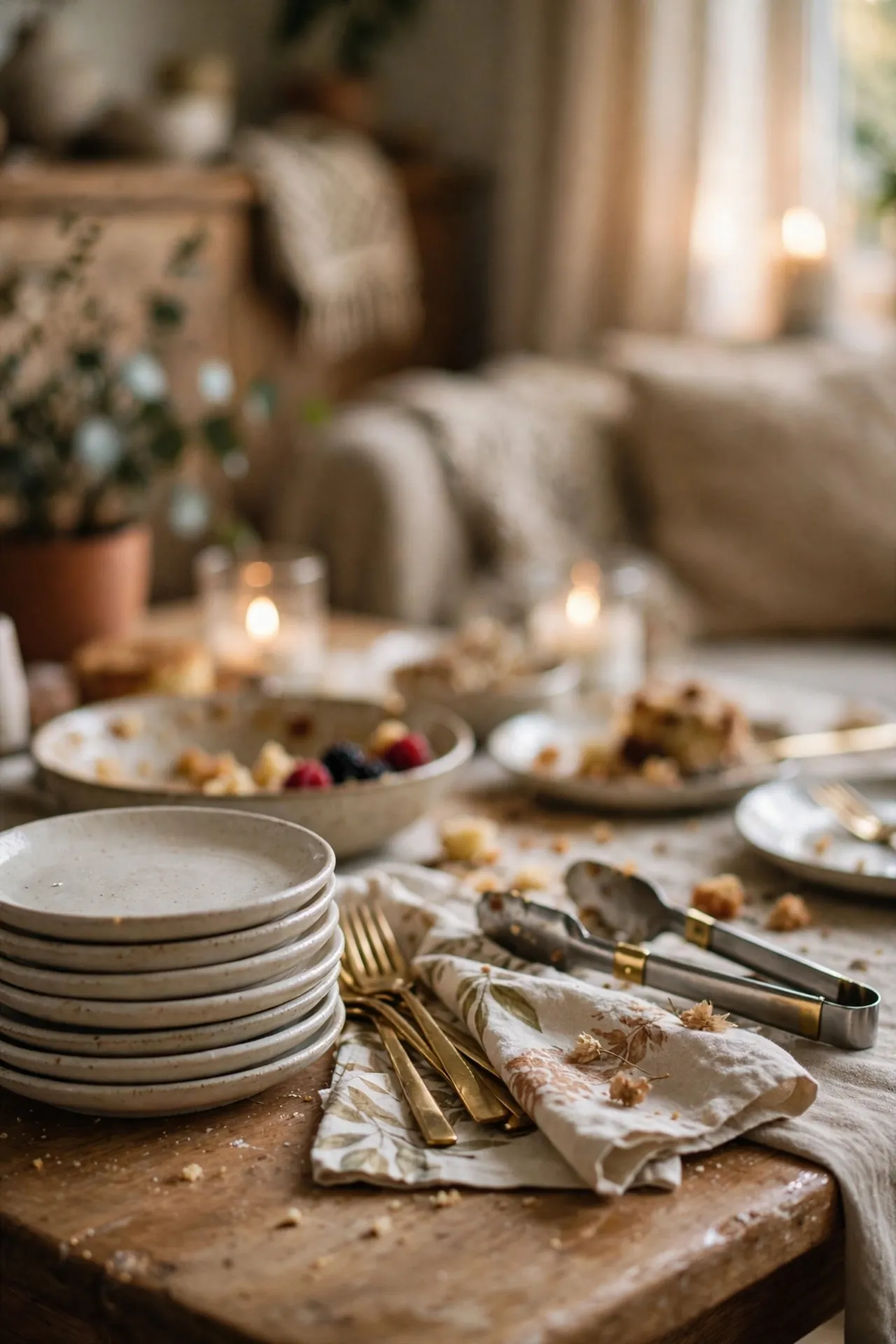 Dessert table with serving tongs, plates and napkins