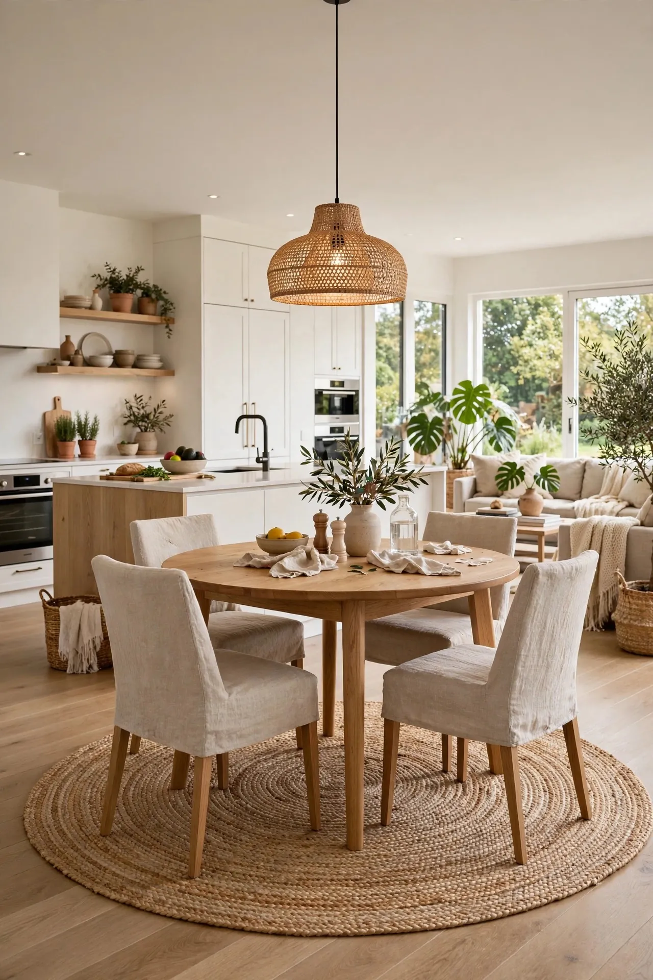 Open plan dining area defined by a rug and pendant