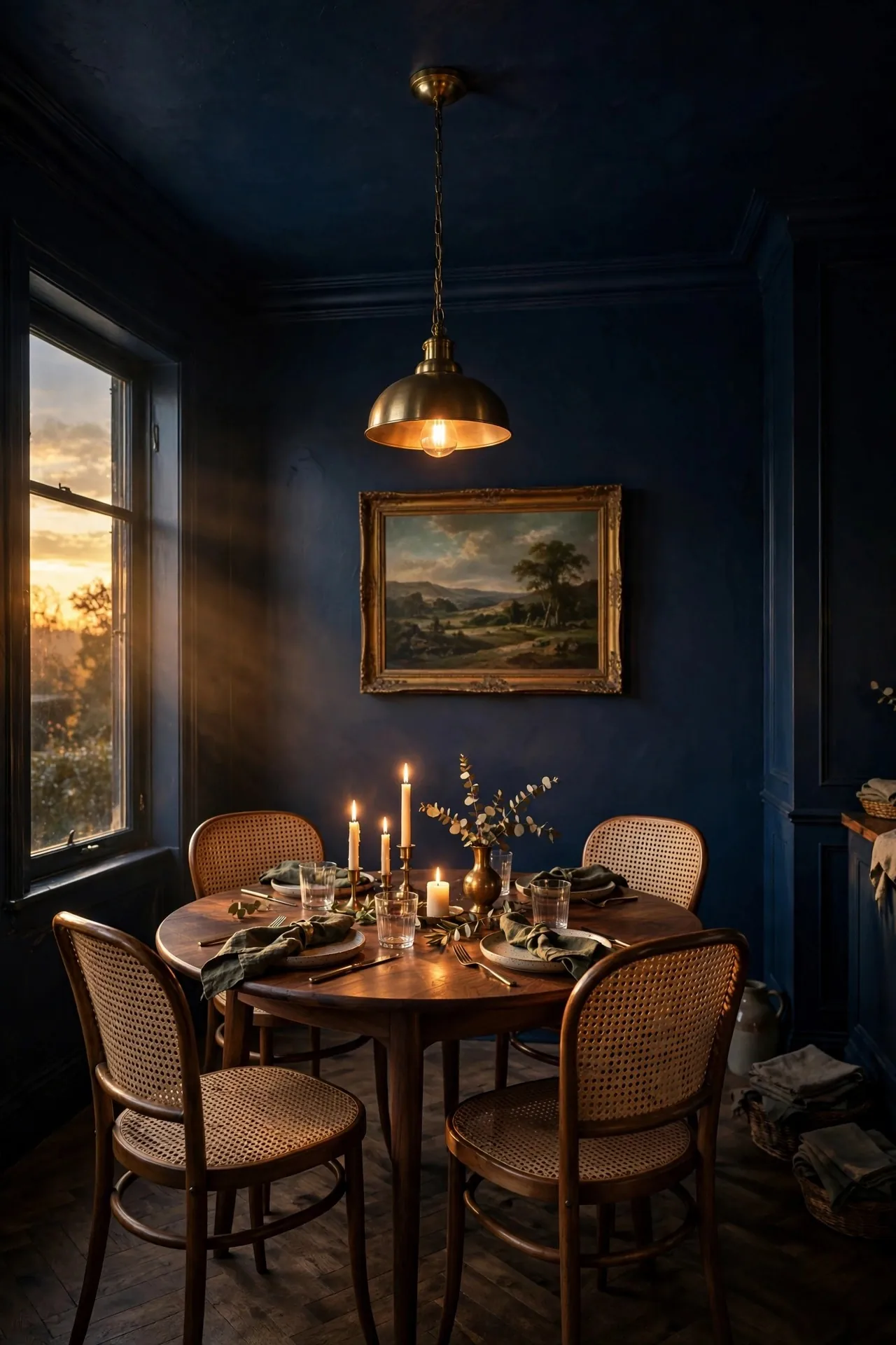 Moody dining room with dark painted walls and candlelight