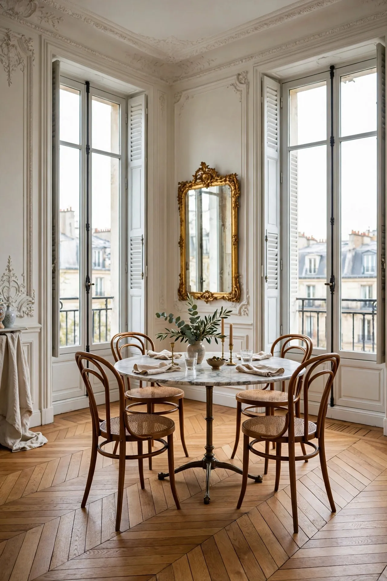Parisian dining room with herringbone floors and marble table