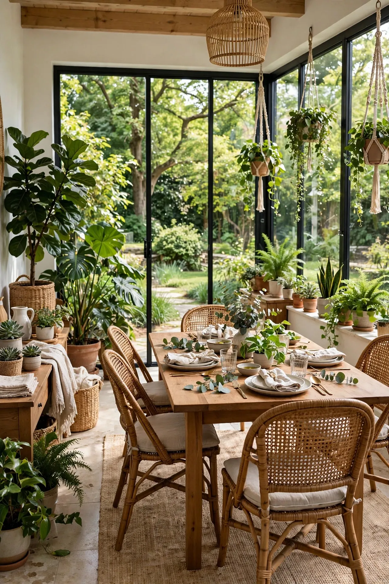Sunroom dining area with plants and a wooden table