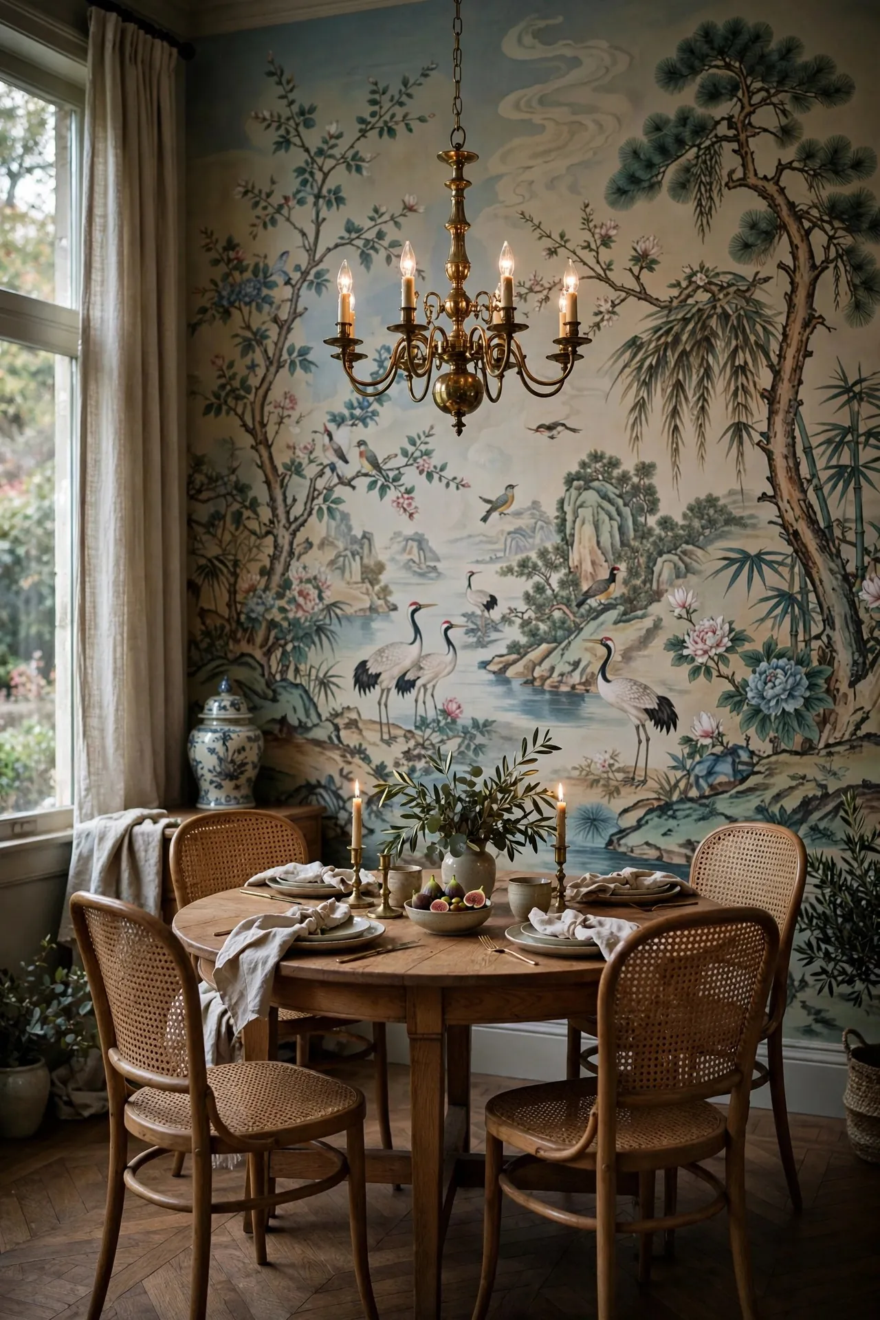 Dining room with a scenic chinoiserie wallpaper mural
