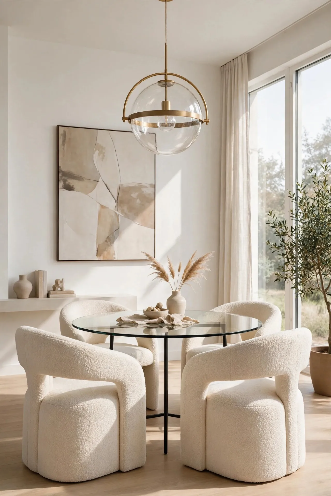 Modern dining room with a glass table and sculptural chairs
