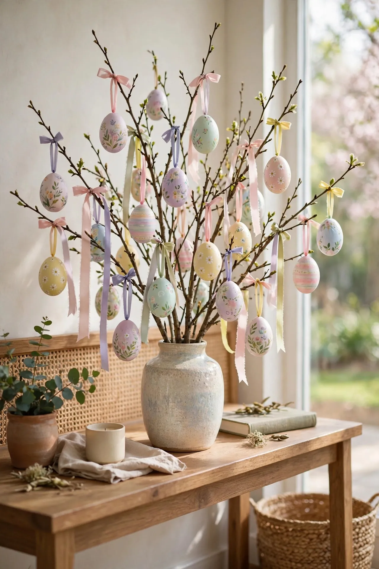 Easter egg tree with branches and painted eggs
