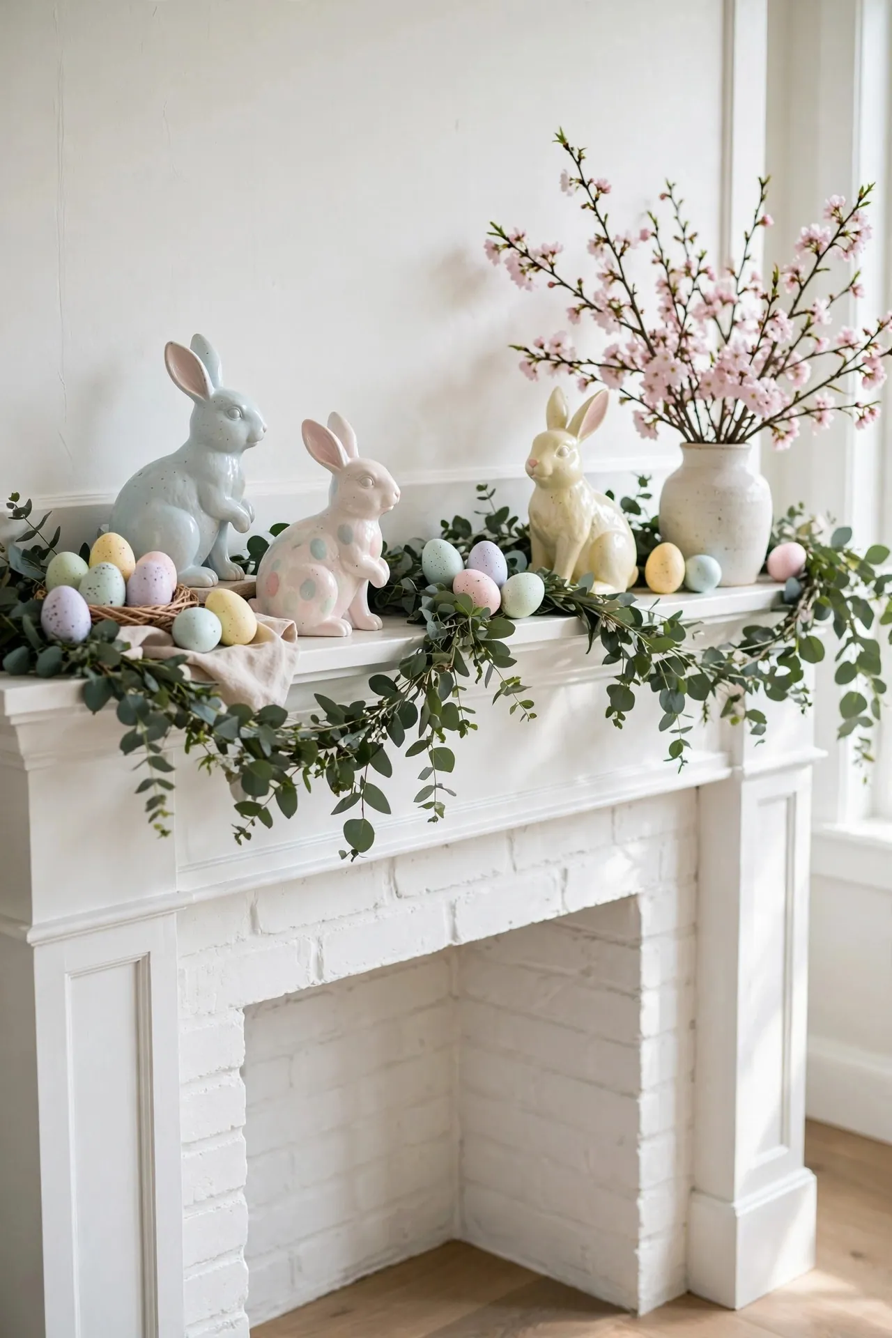 Easter mantel with bunnies, eggs and spring flowers