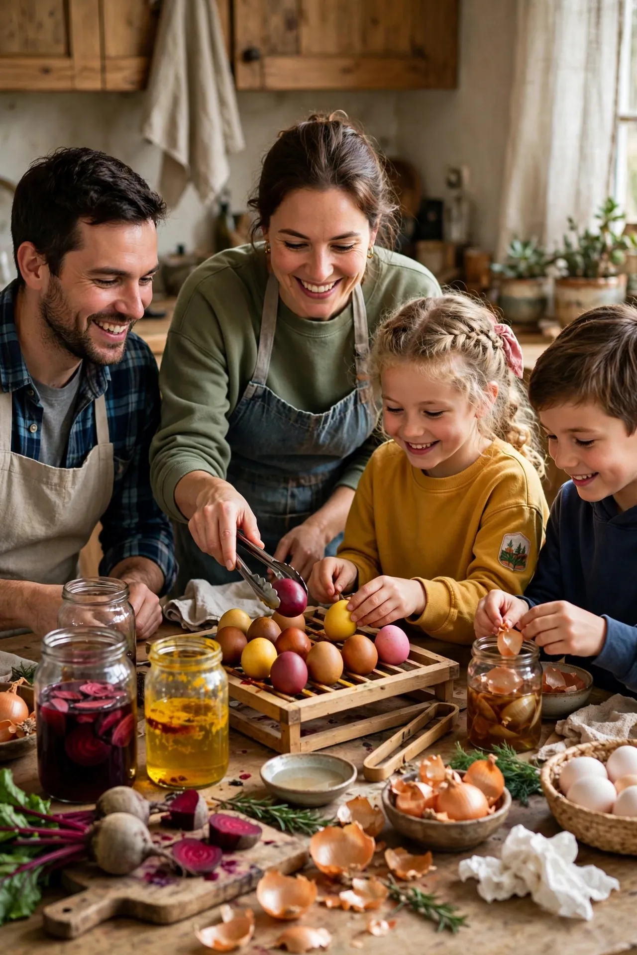 Easter egg dyeing station with natural dyes