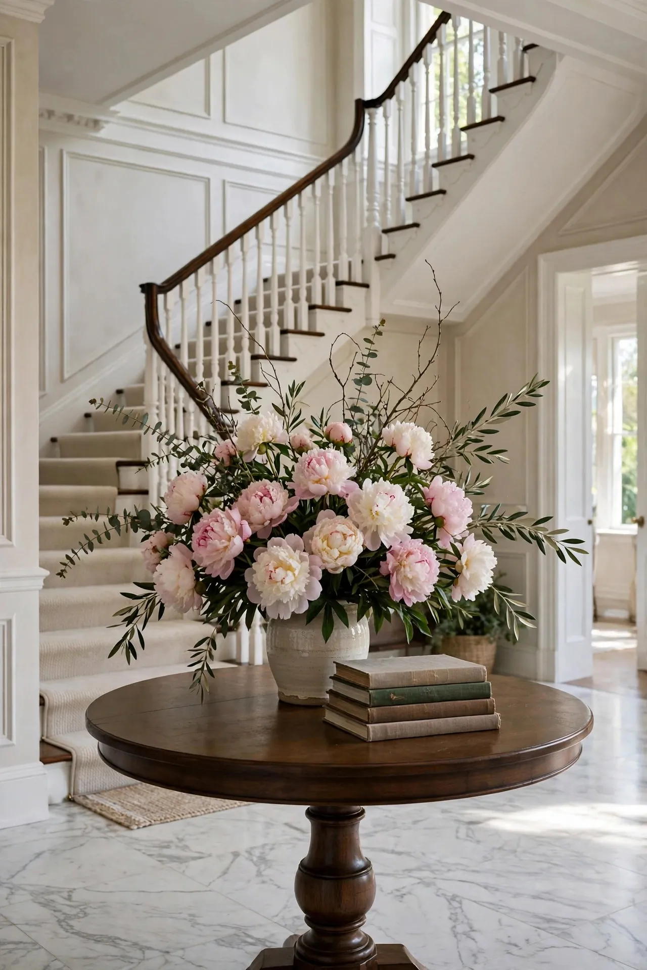 Round entry table with seasonal flower arrangement