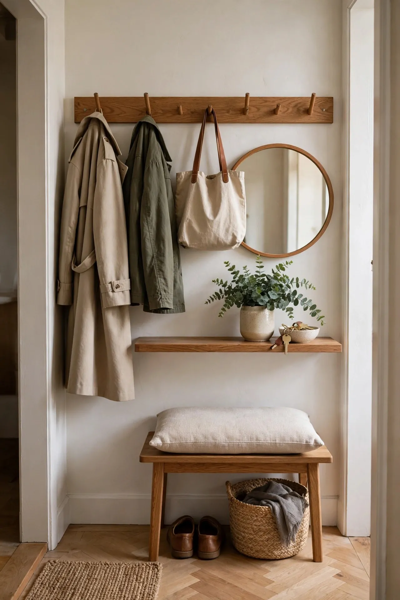 Small entryway with wall hooks, floating shelf and a bench