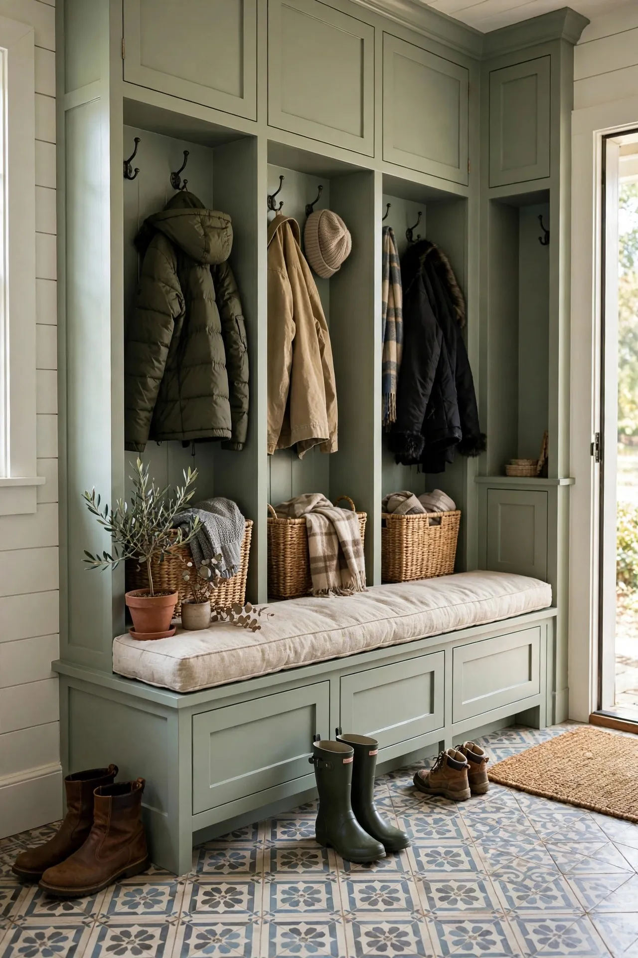 Mudroom entry with built-in bench, cubbies and hooks