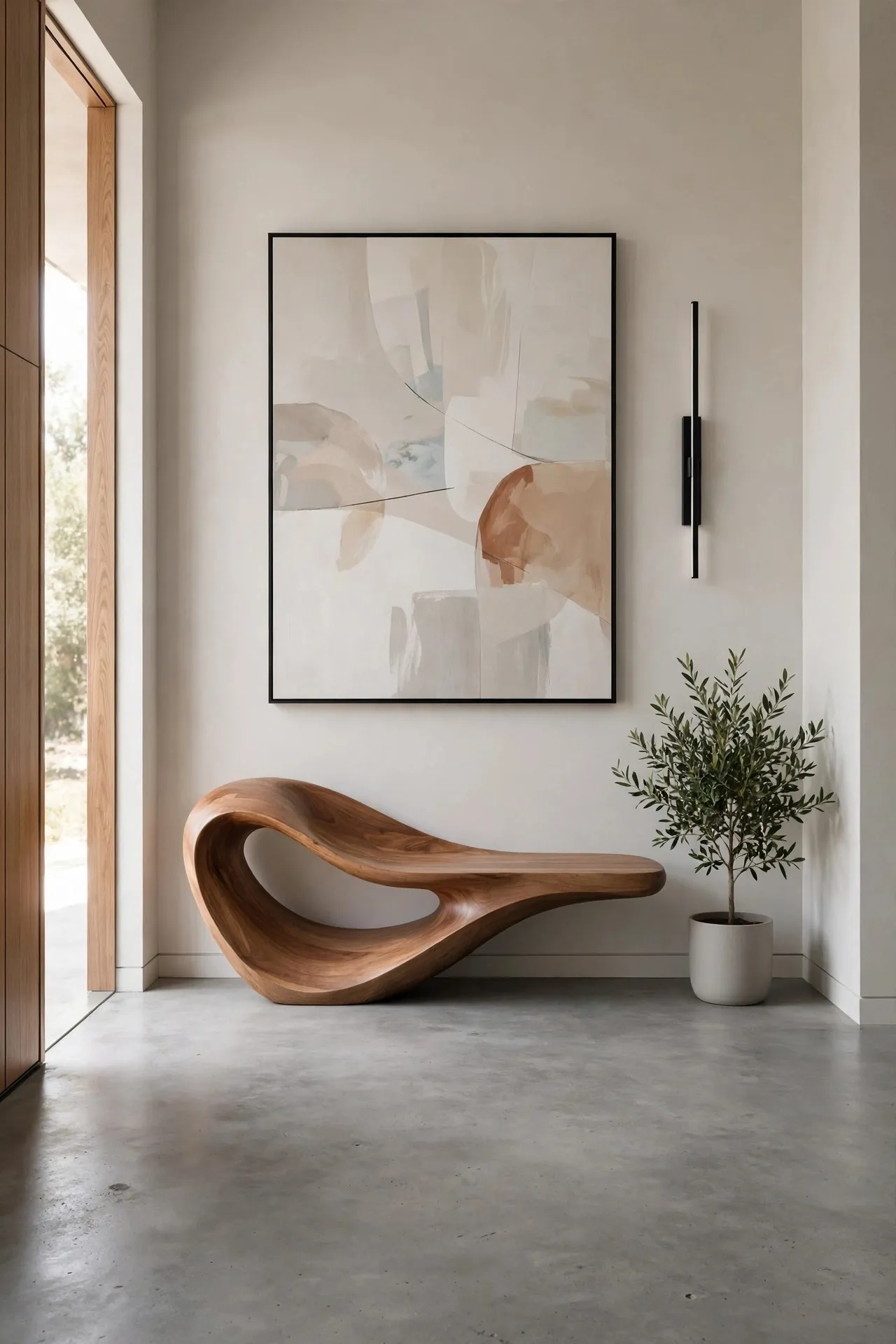 Modern minimalist entryway with a sculptural bench and art