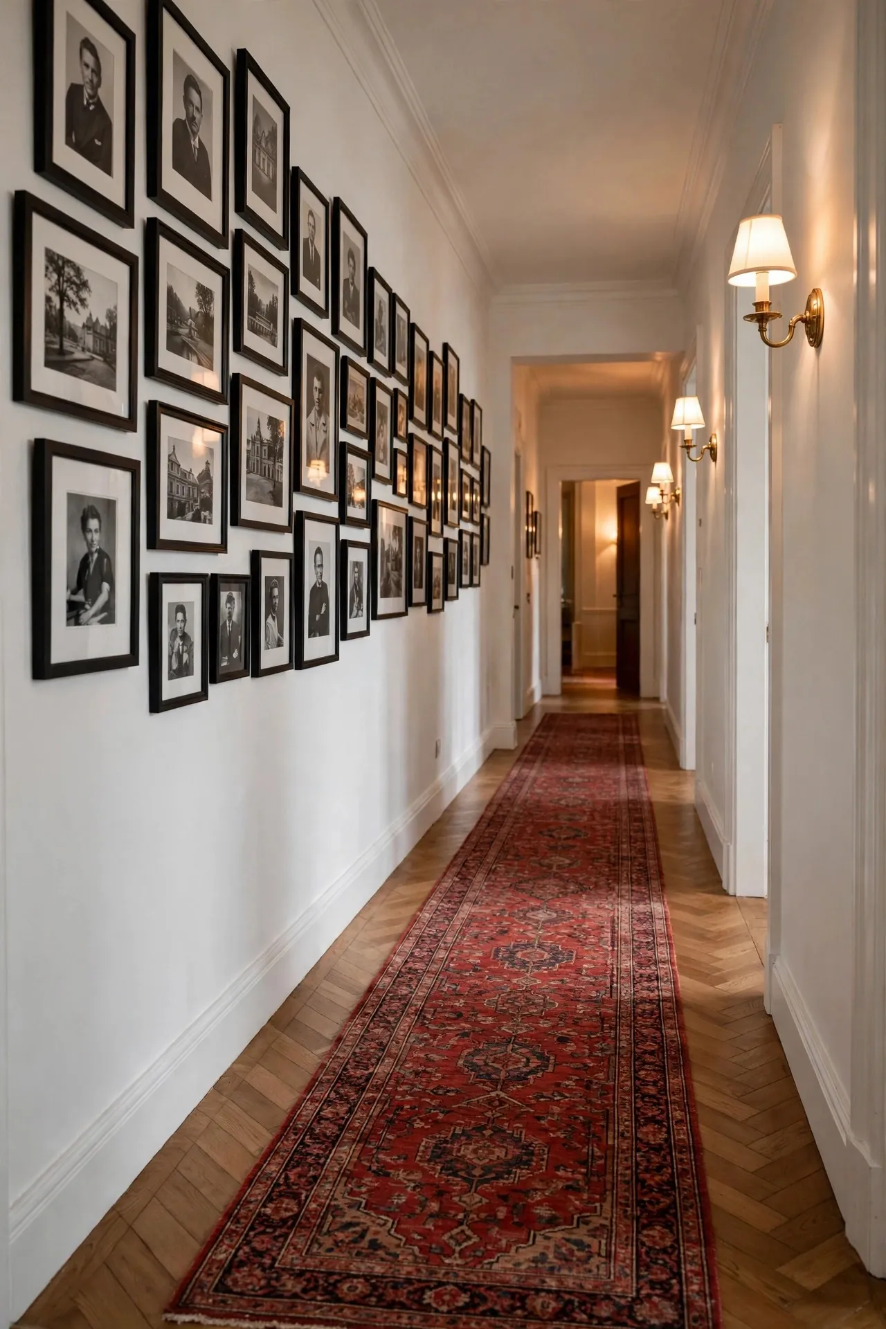 Hallway with a vintage runner rug and gallery wall