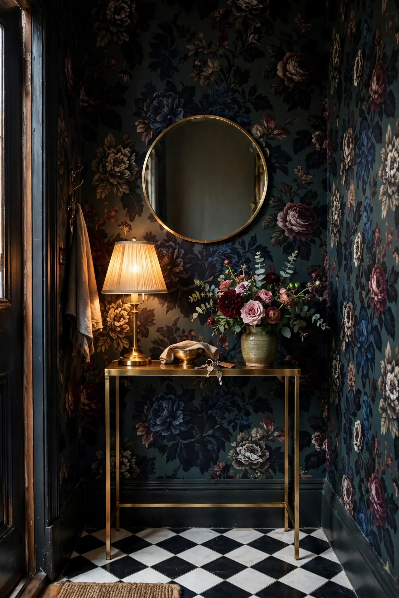 Entryway with bold floral wallpaper and console table