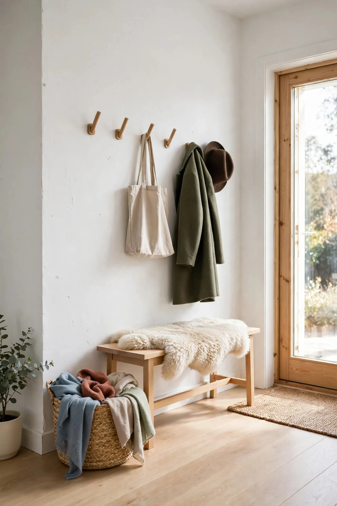 Scandinavian entryway with white walls, wooden hooks and bench