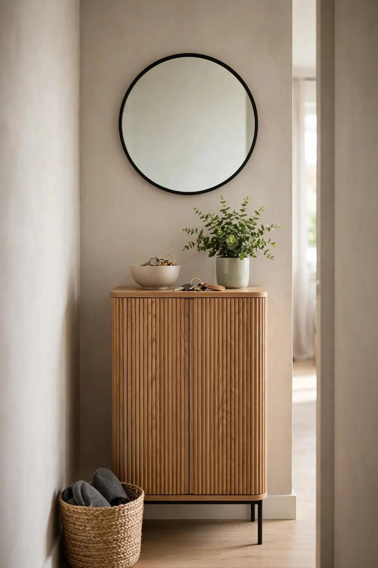 Entryway with a slim shoe cabinet and mirror