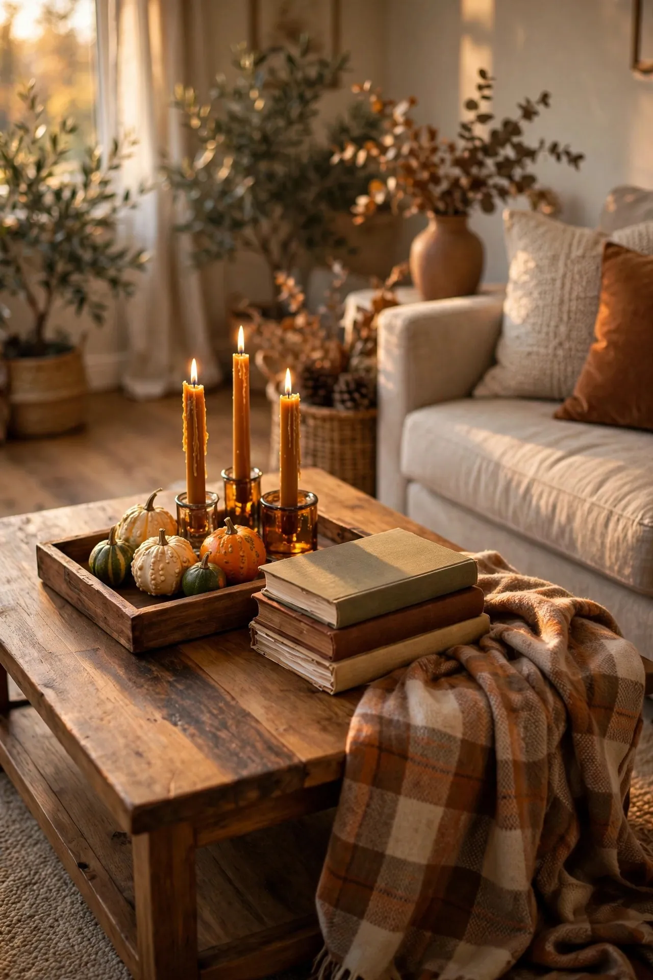 Fall coffee table styled with candles, gourds and books