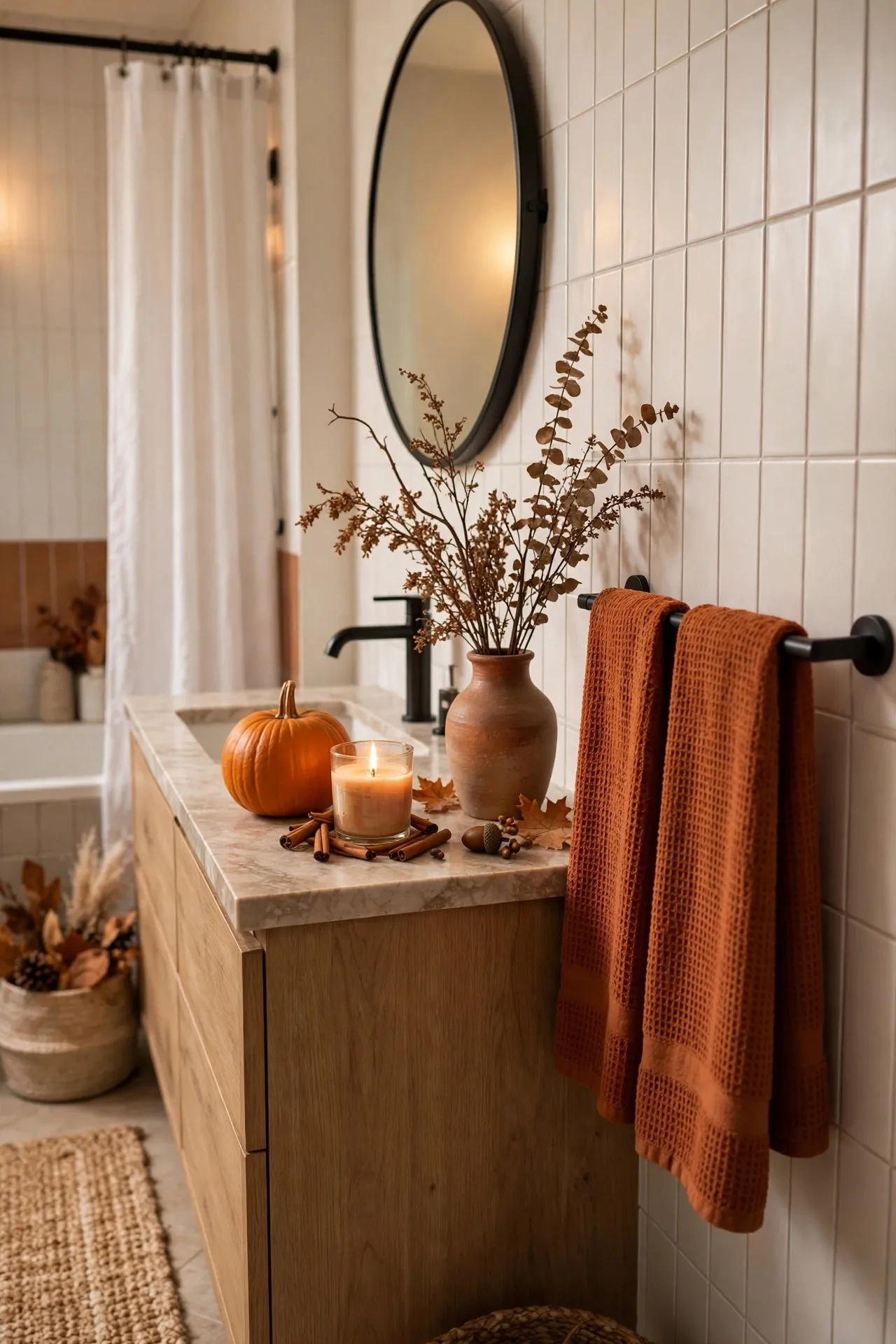 Bathroom with fall decor touches, rust towels and a candle