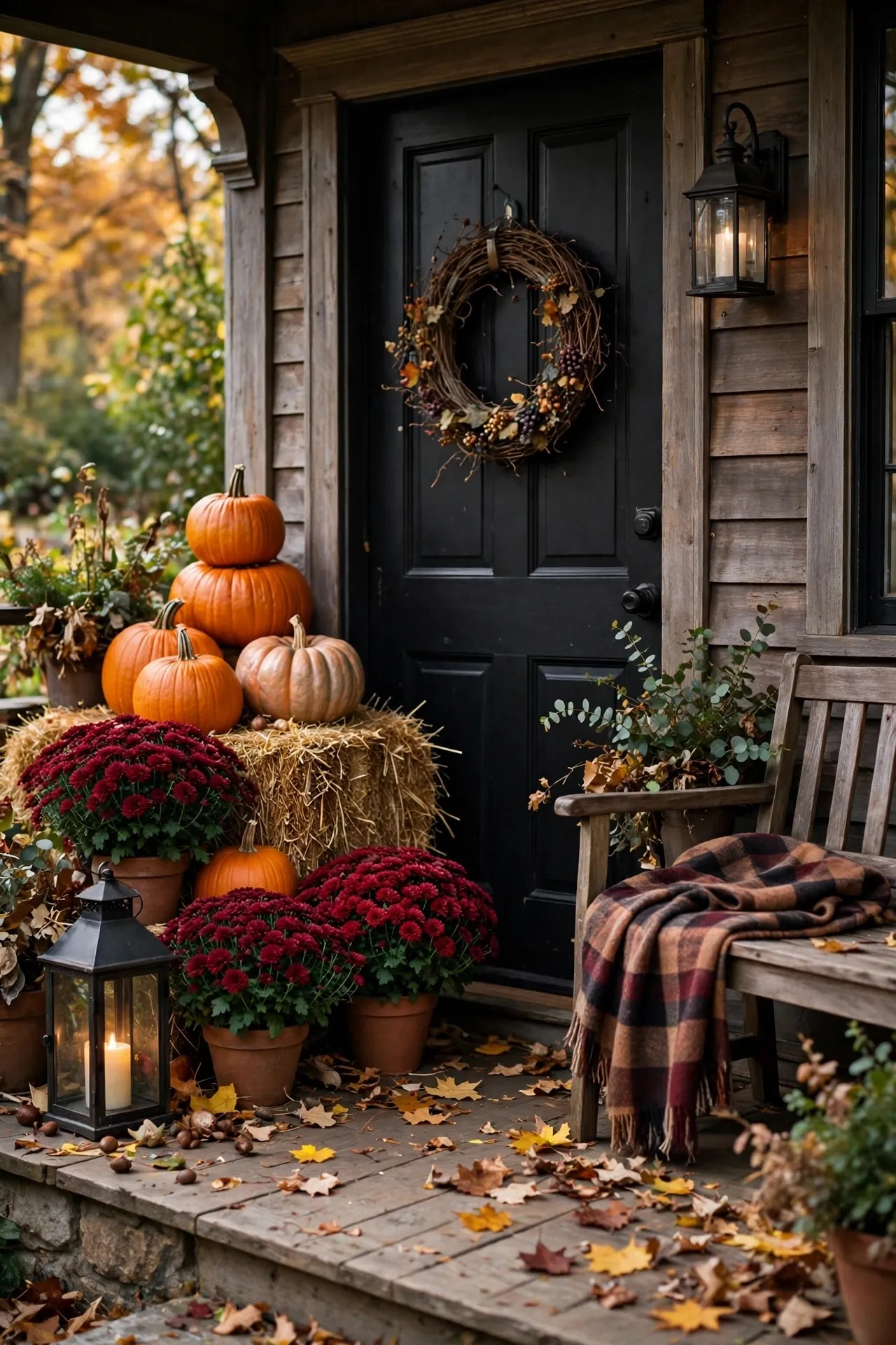 Fall porch with pumpkins, mums and a grapevine wreath