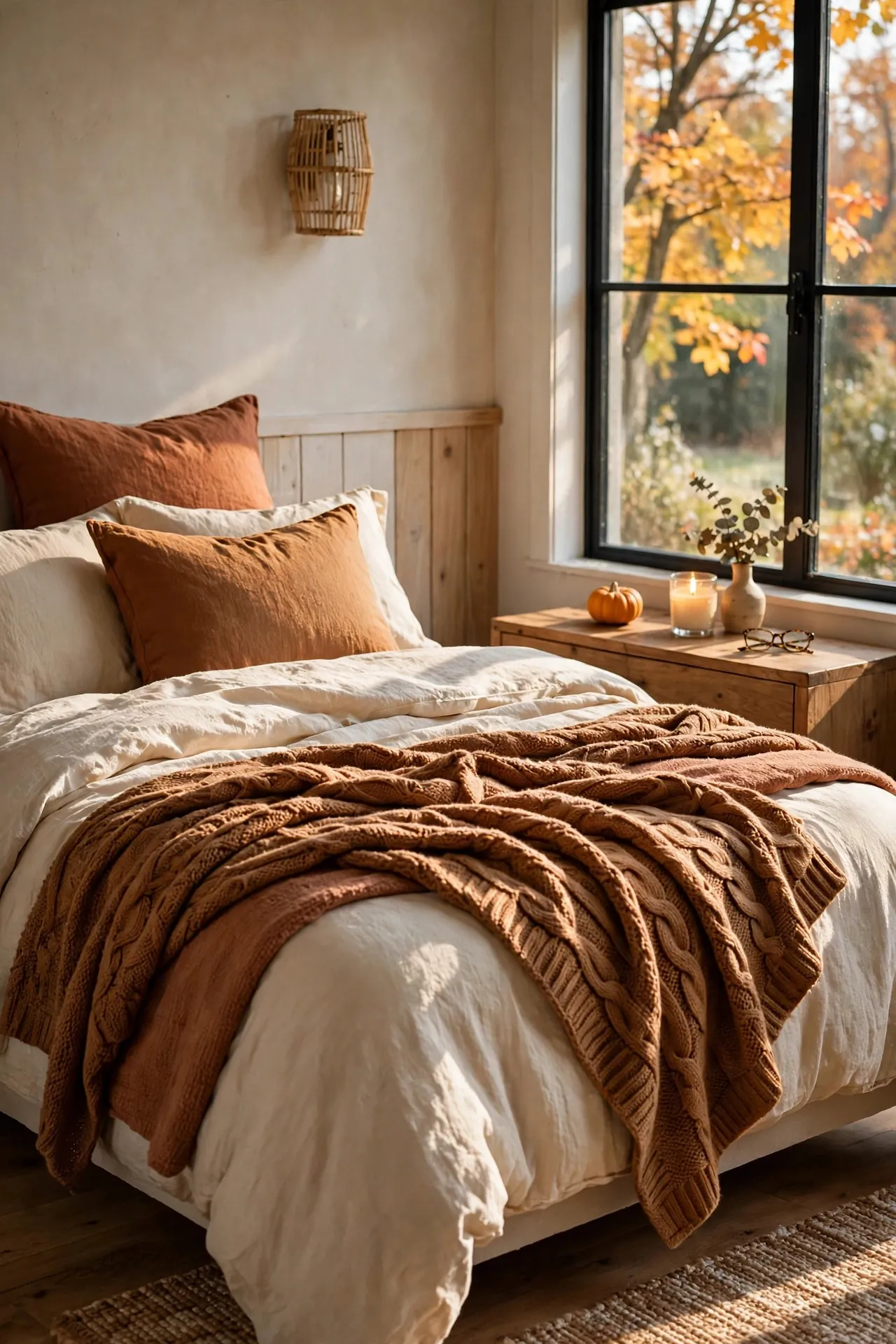 Fall bedroom with rust and cream layered bedding