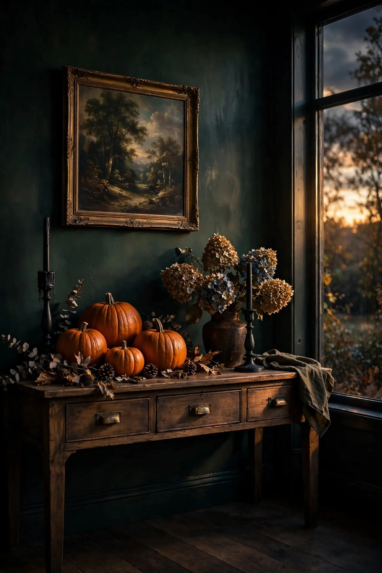 Moody fall decor with dark walls, pumpkins and candles