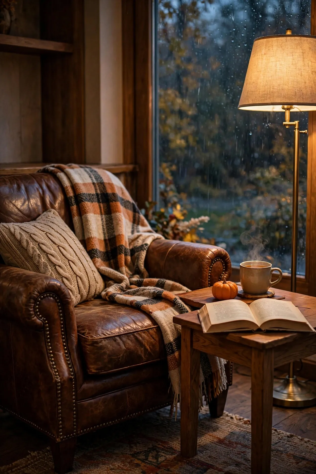 Fall reading nook with an armchair, blanket and tea