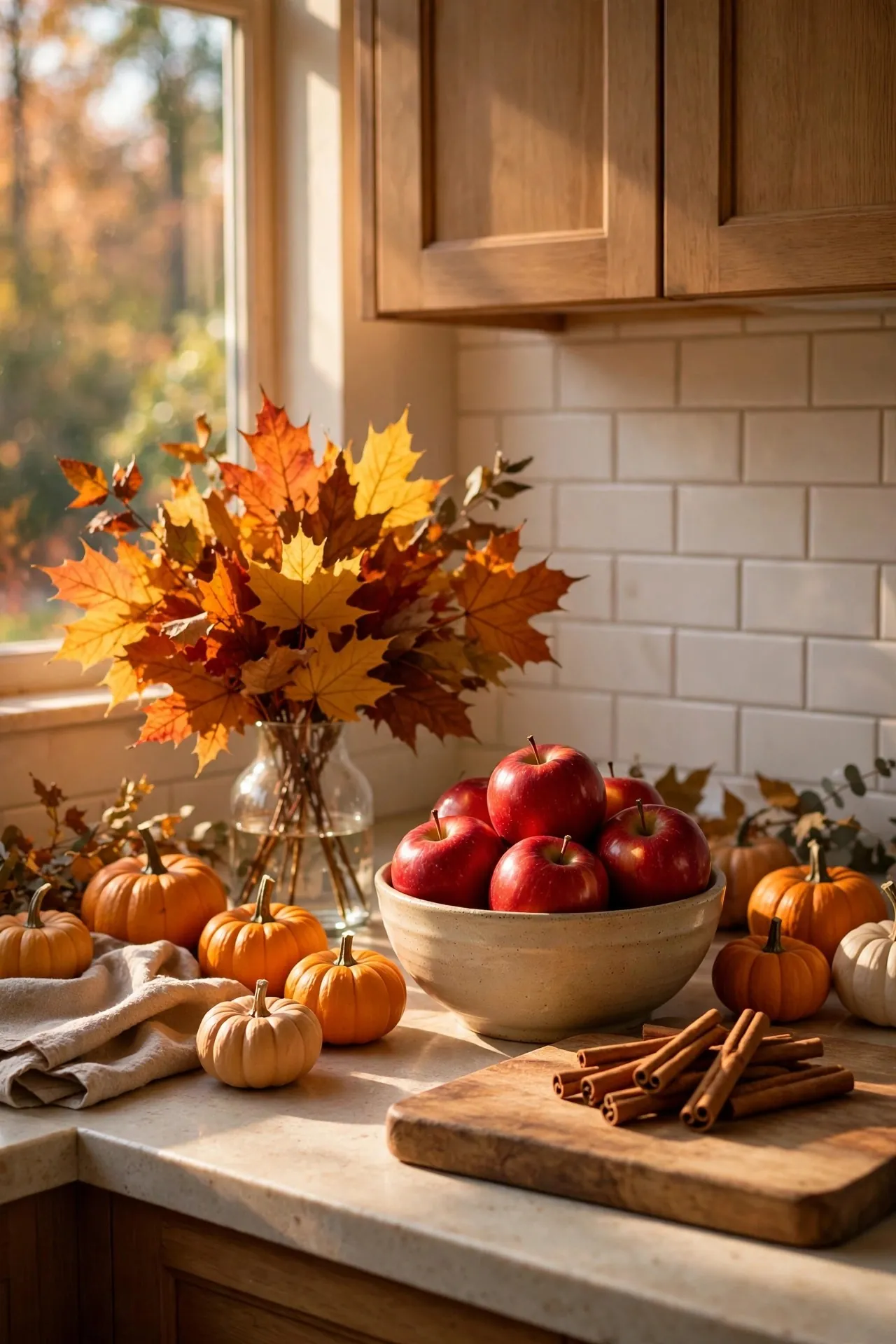 Fall kitchen counter with pumpkins, apples and a cutting board