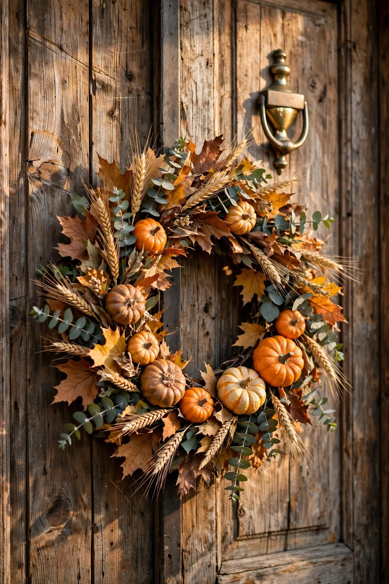 Fall wreath with dried leaves and wheat on a wooden door