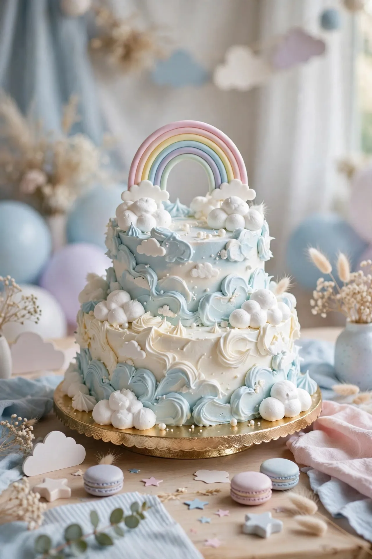 Cloud themed first birthday cake in blue and white