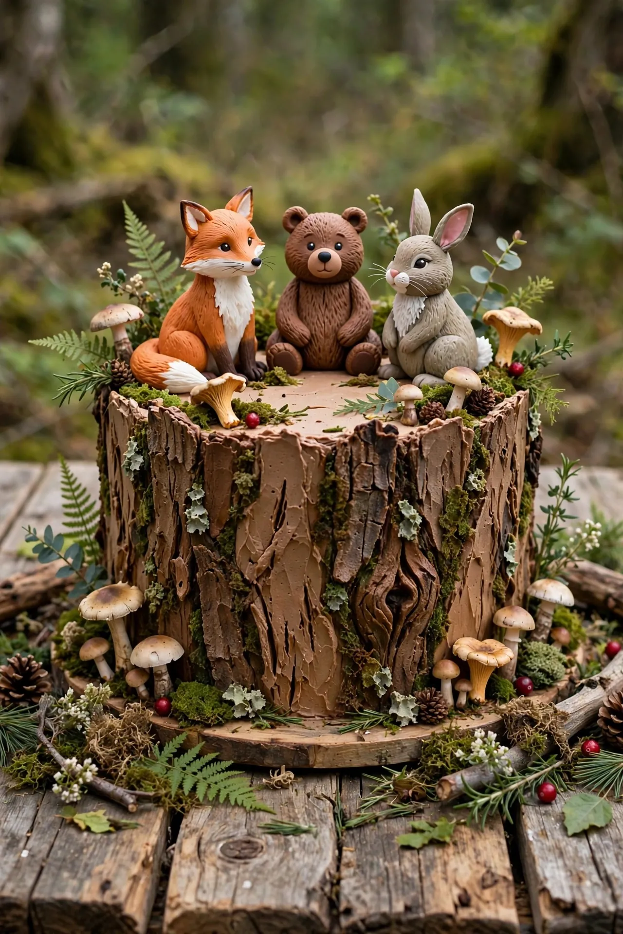 Woodland animal first birthday cake with fox and bear