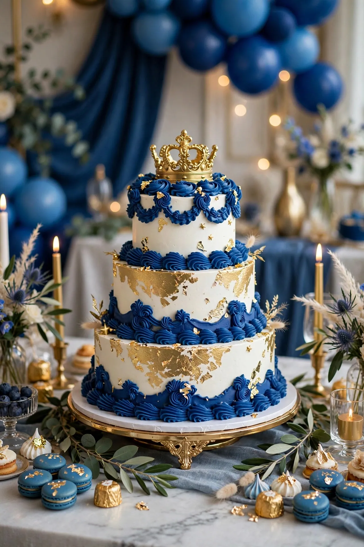 Blue and gold little prince first birthday cake with crown