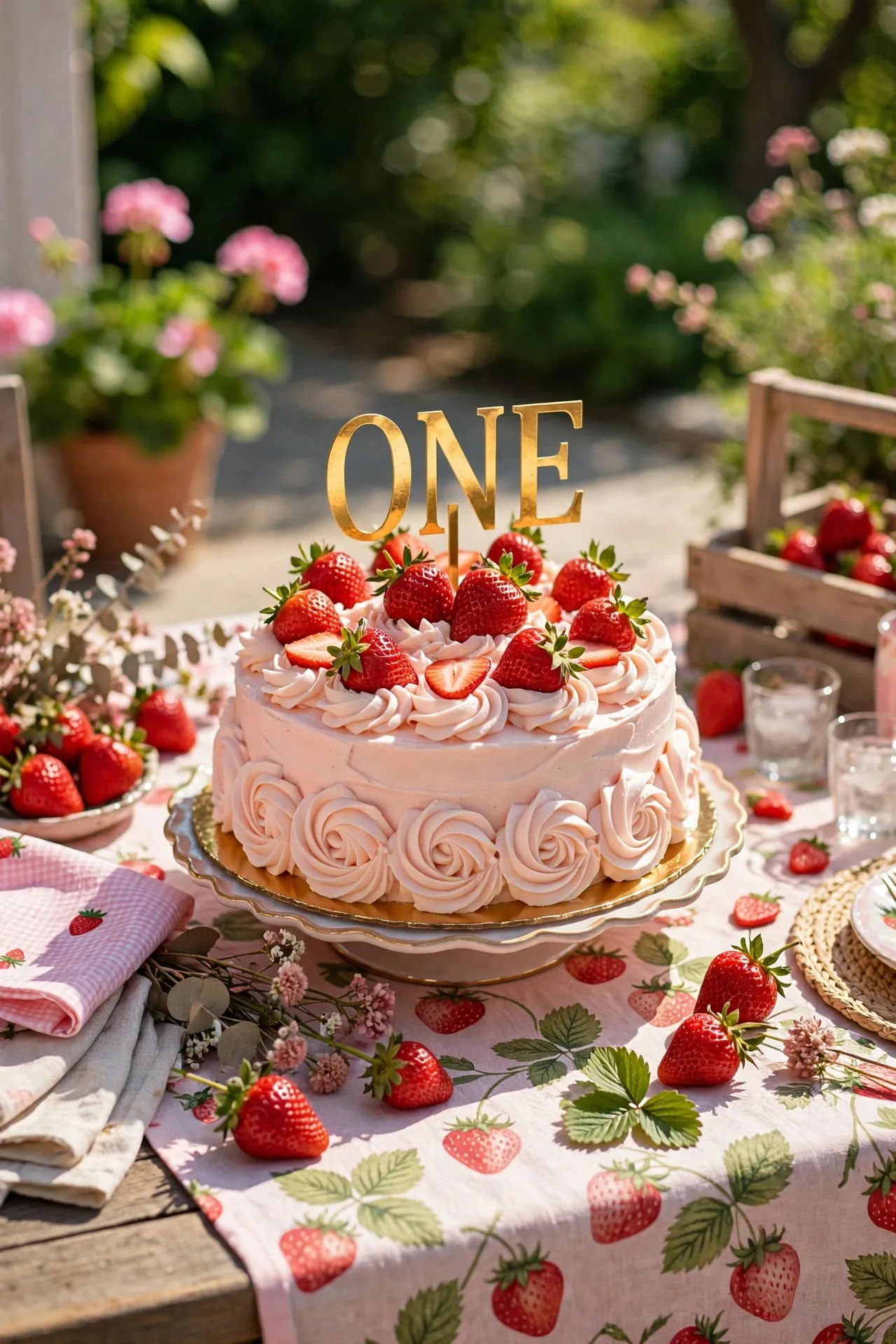 Berry first birthday cake with strawberries