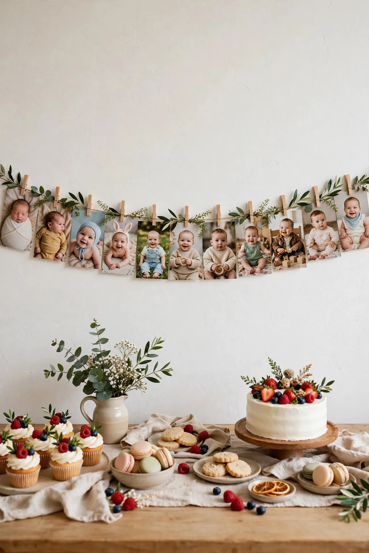 First birthday monthly photo banner on a wall