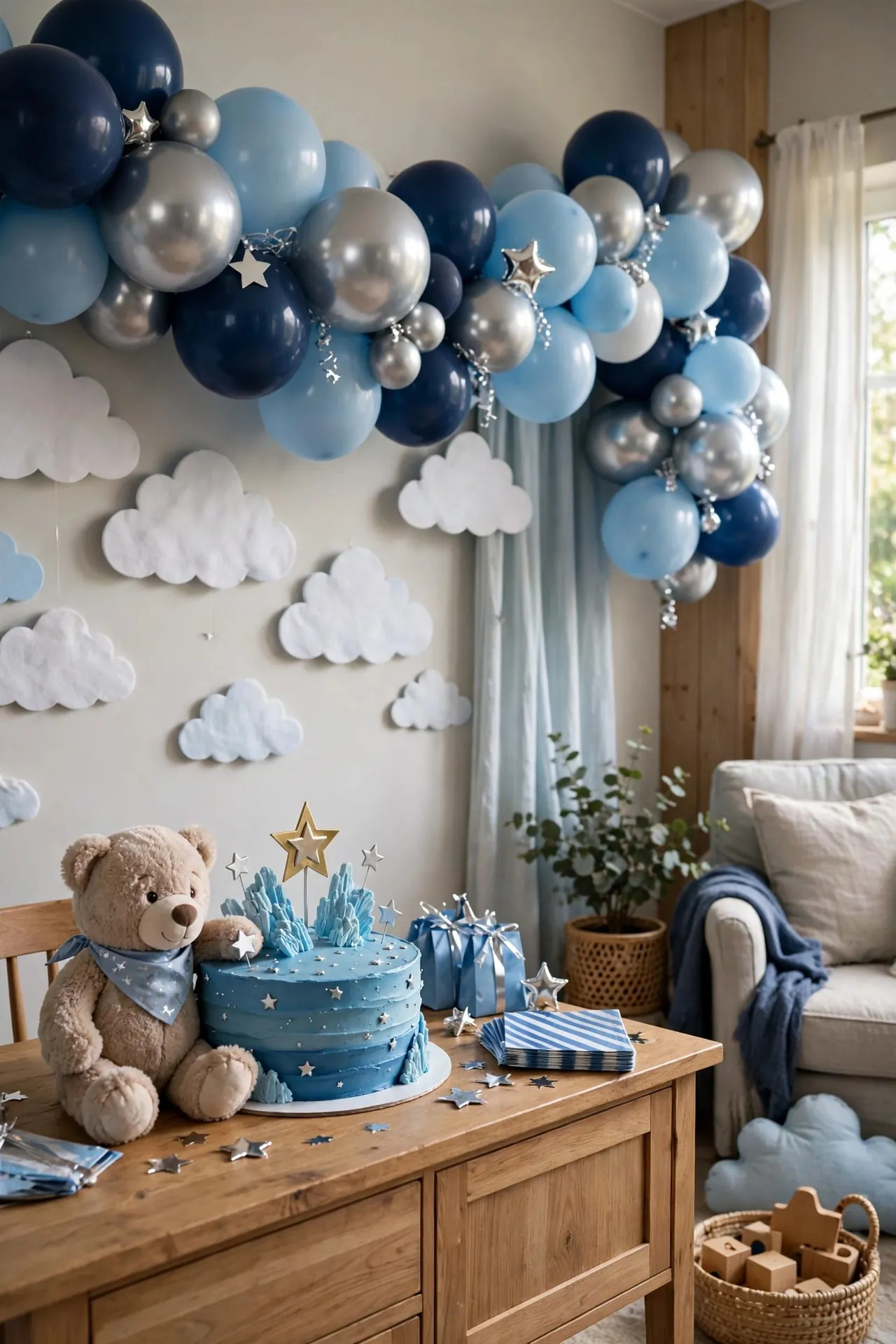 Blue and silver baby boy first birthday decorations