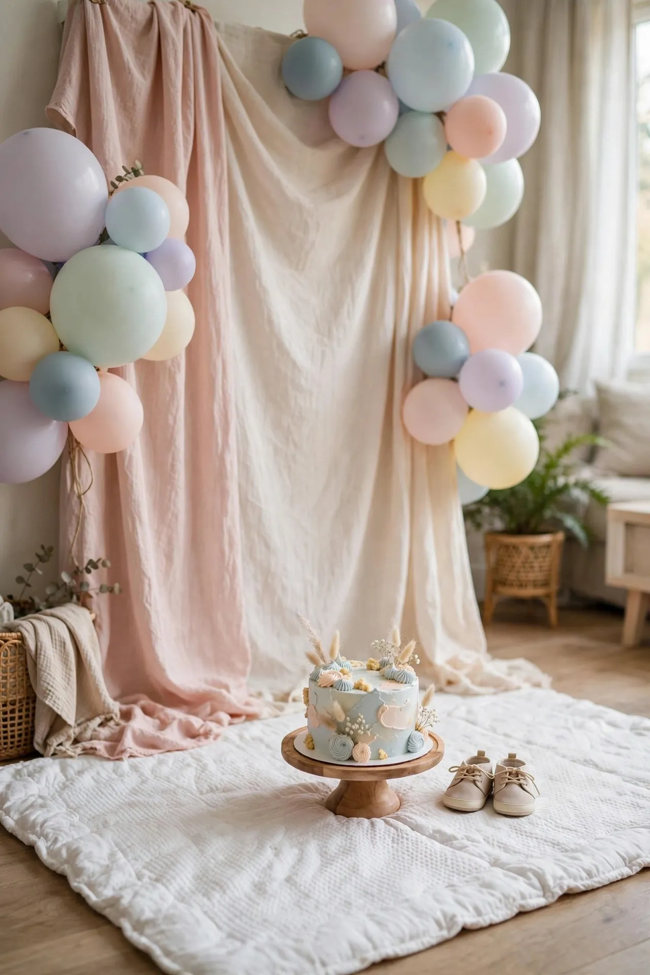 Cake smash corner in a living room with a backdrop