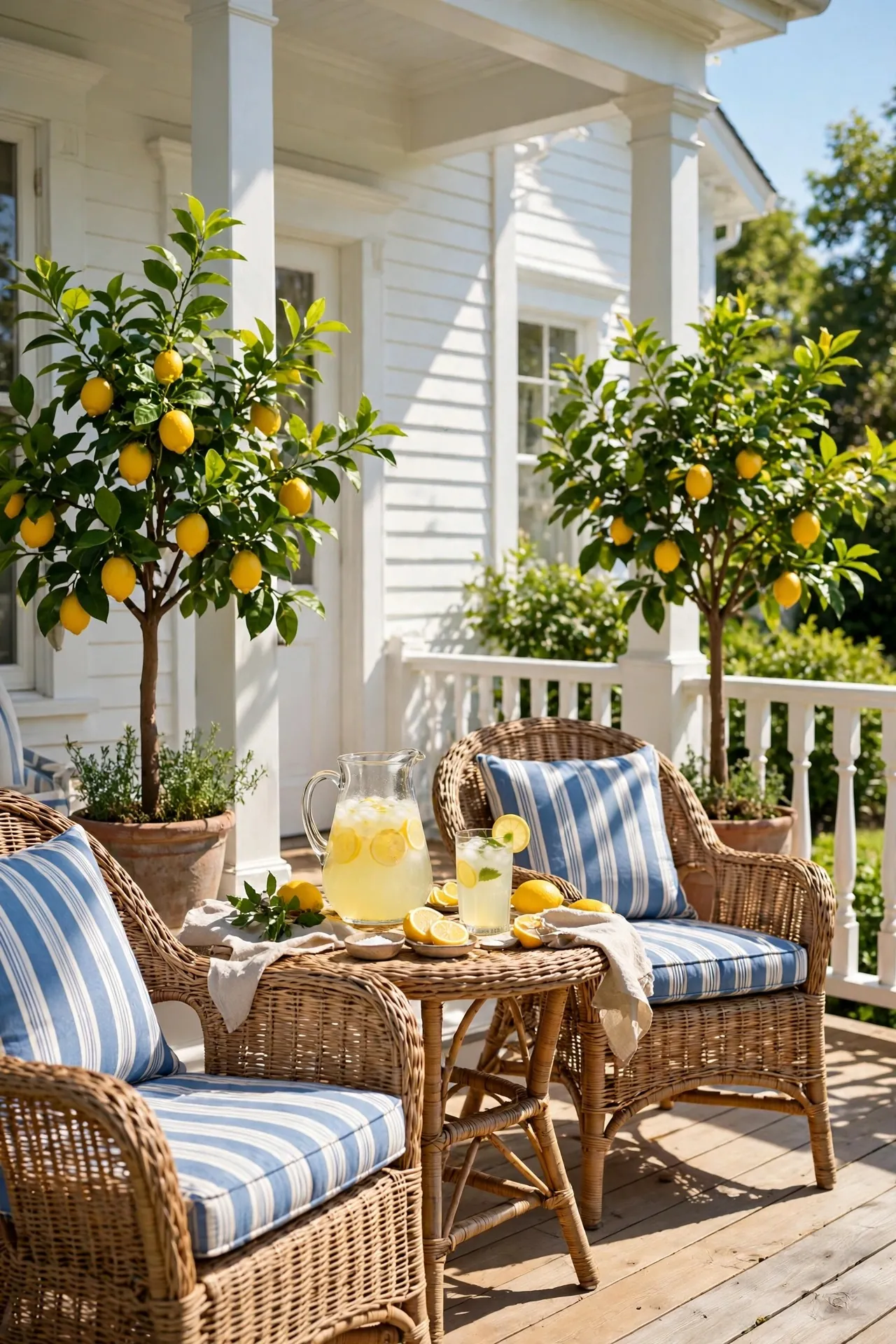 Summer porch with lemon trees and striped cushions