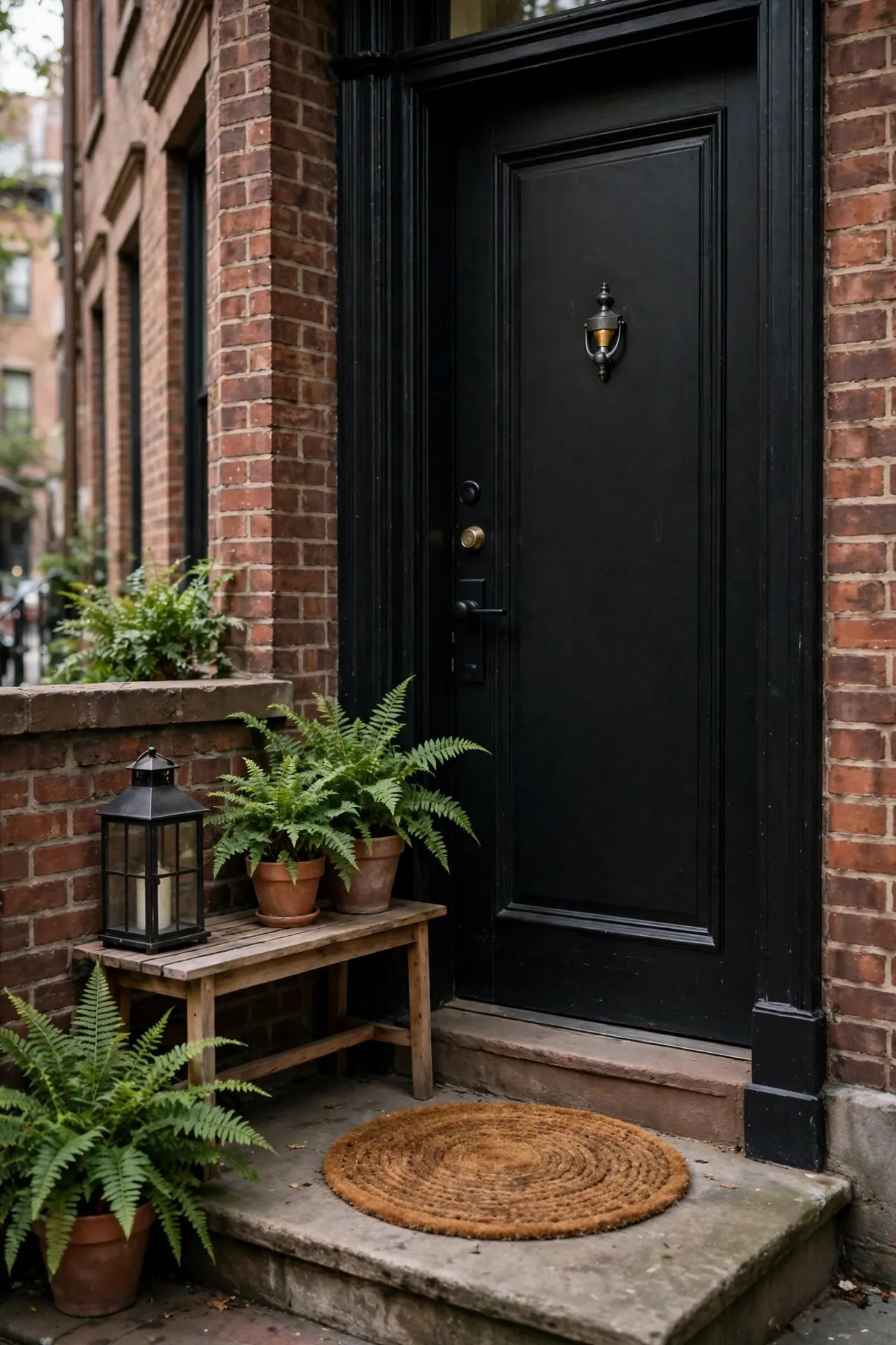 Small front porch with a bench and potted plants
