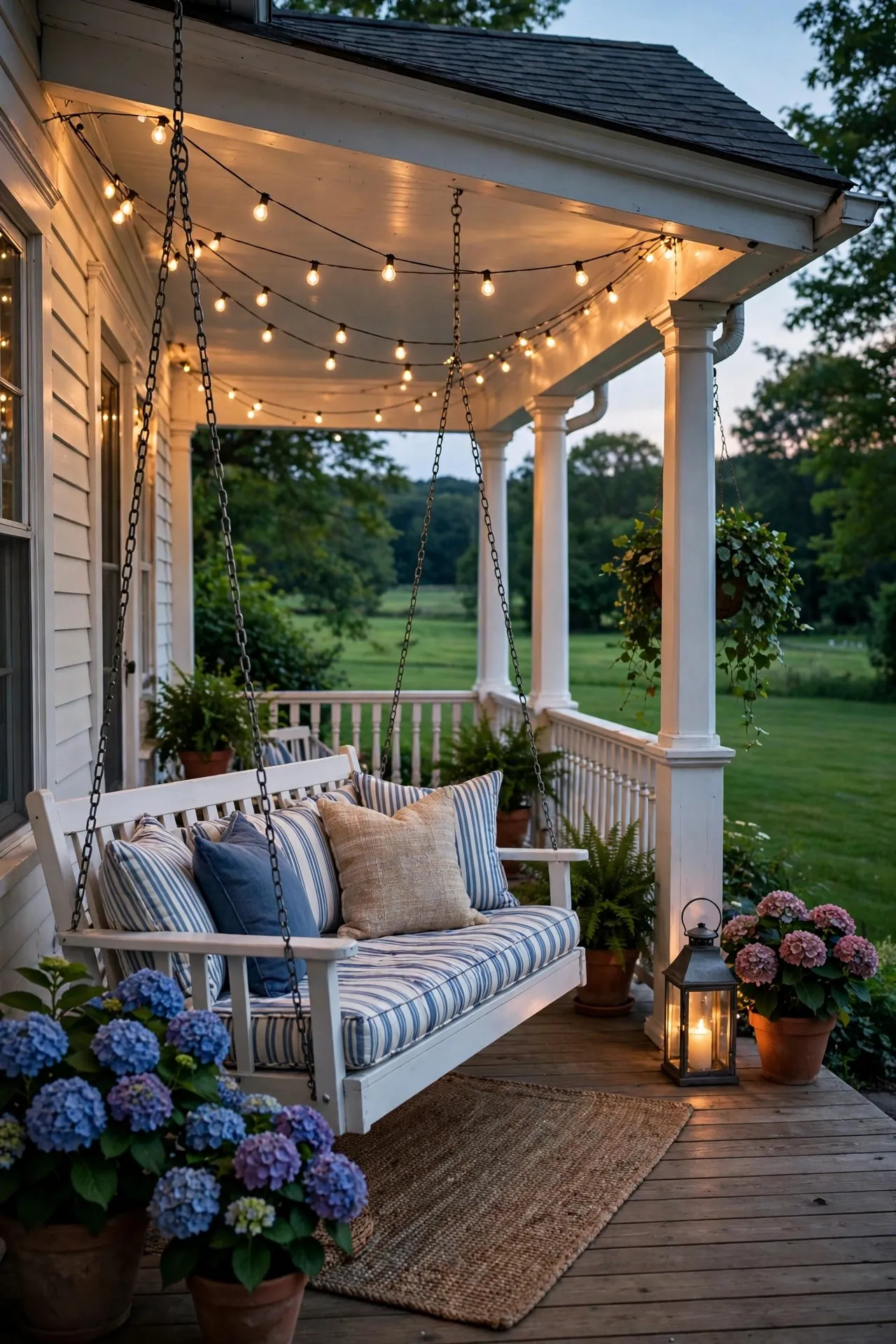 Wraparound porch with a hanging porch swing and cushions