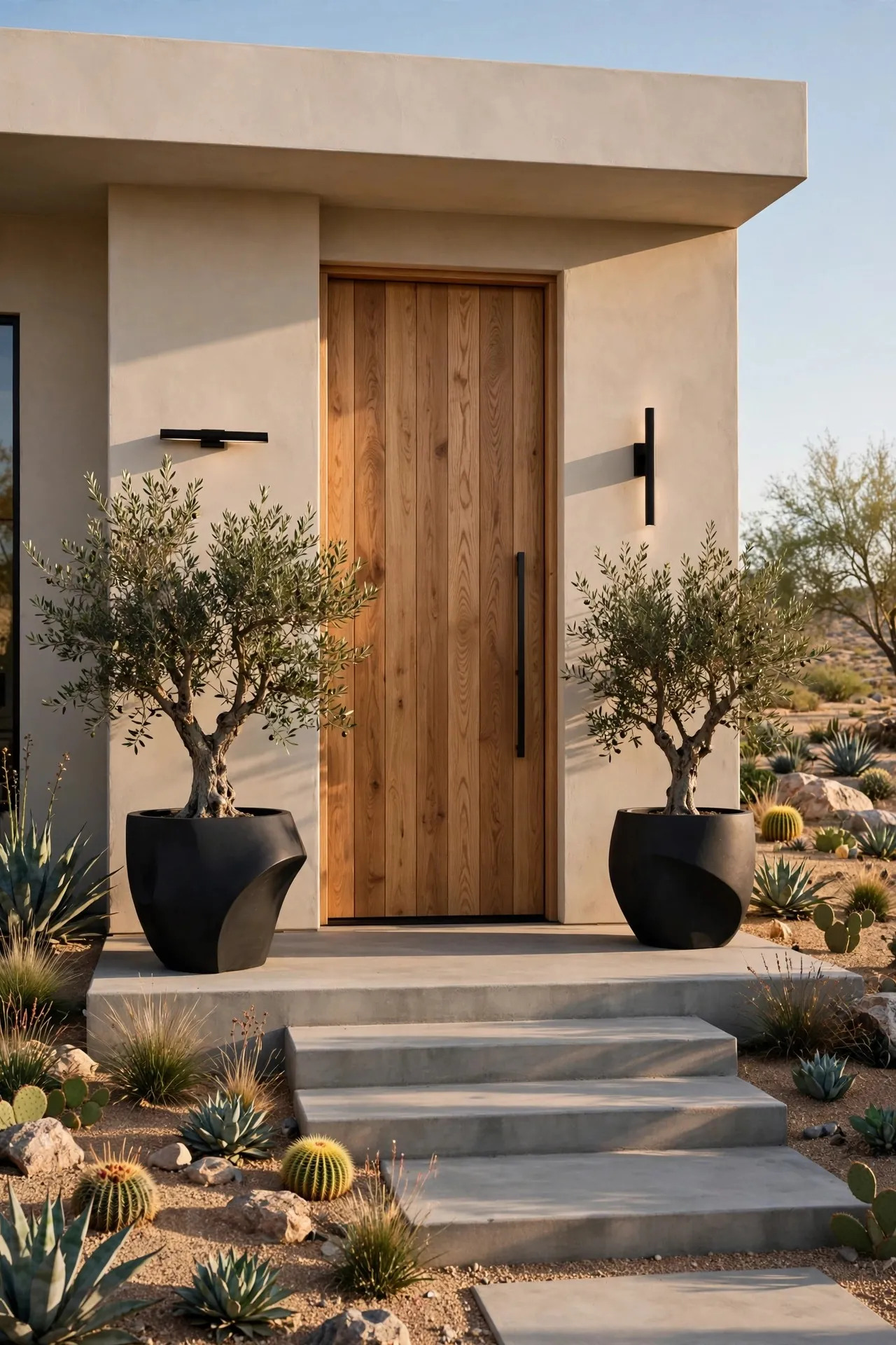 Modern front entry with concrete steps and sculptural planters