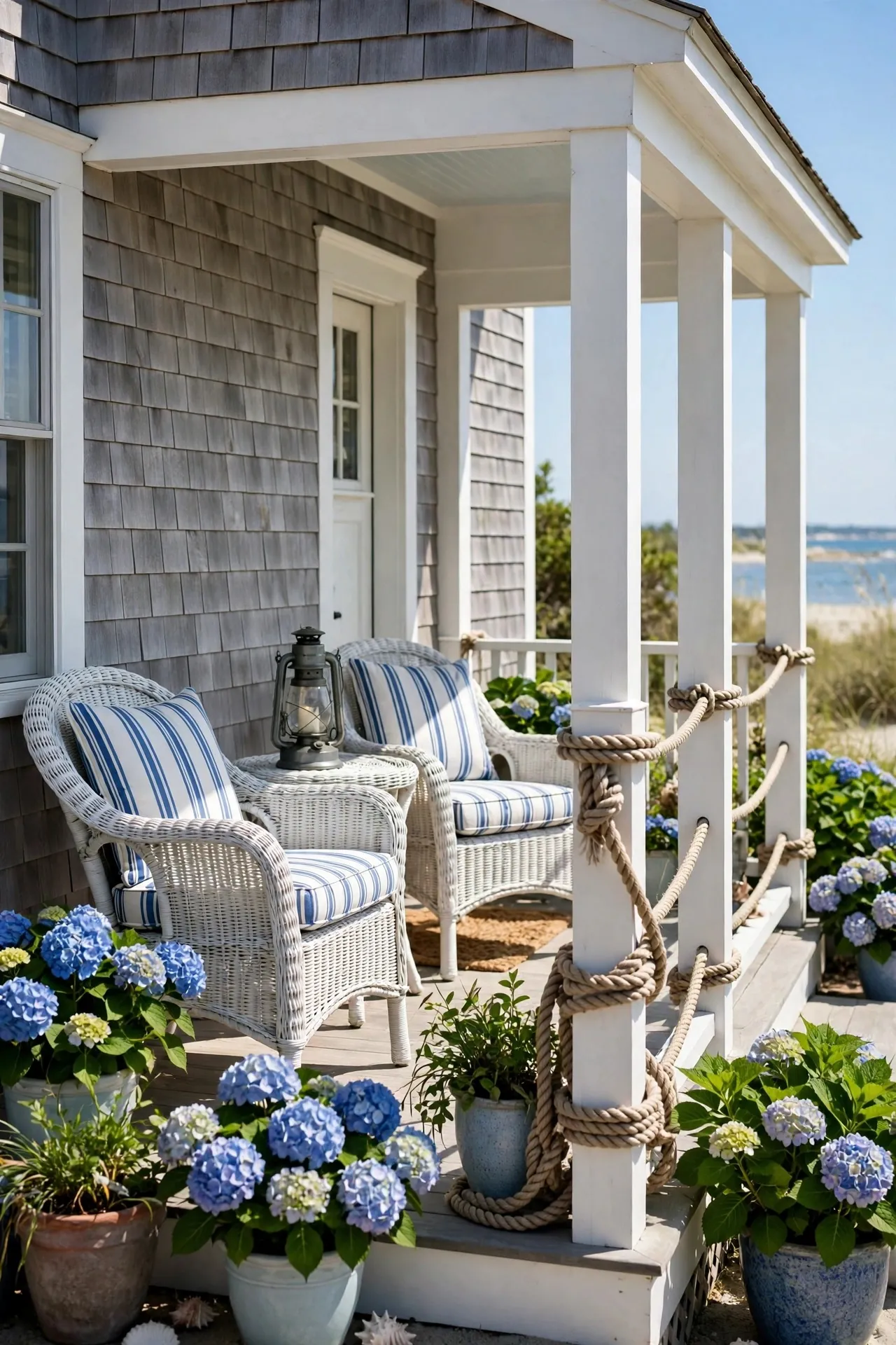 Coastal cottage porch with white wicker and blue accents