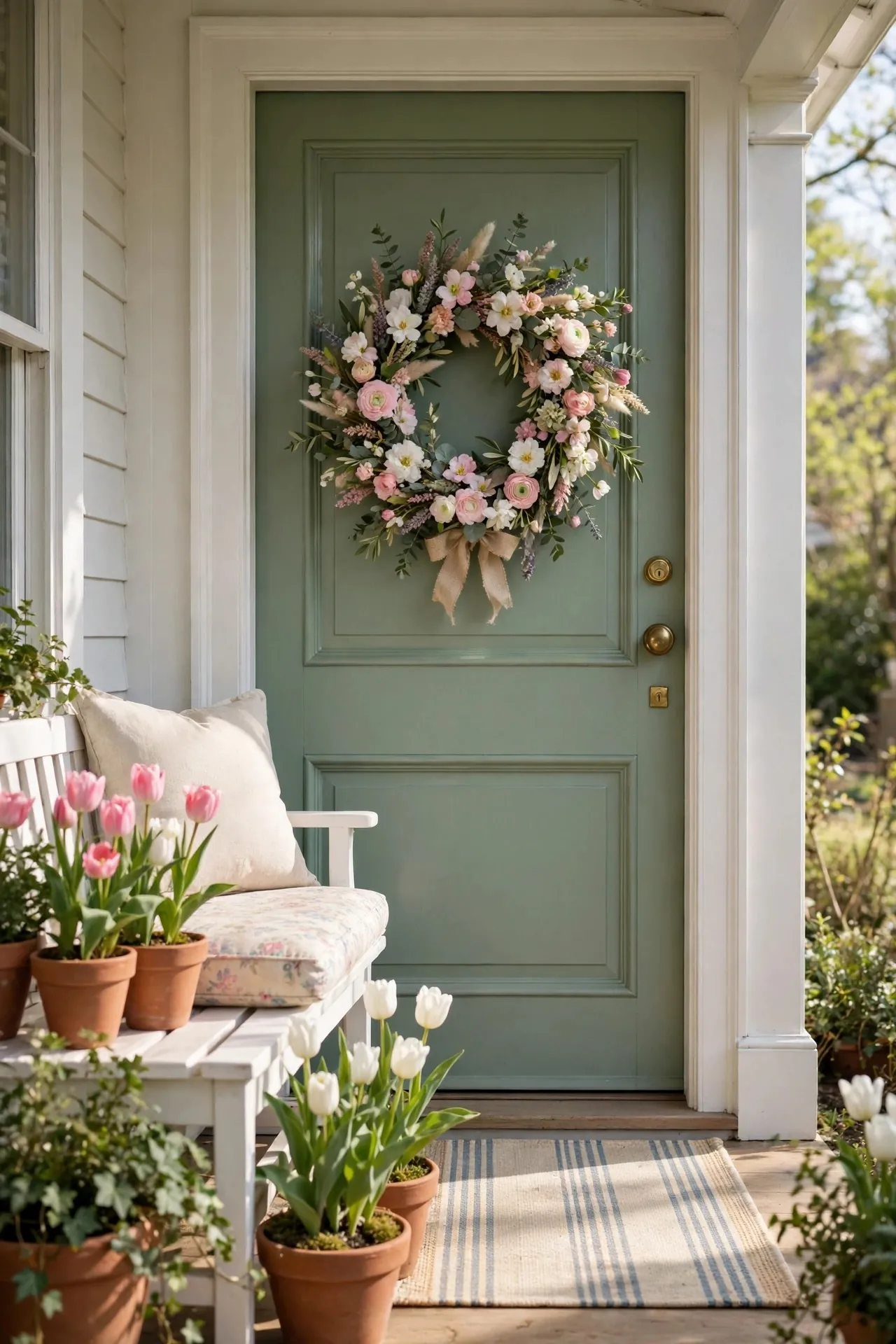 Spring front porch with tulips, pastel wreath and doormat