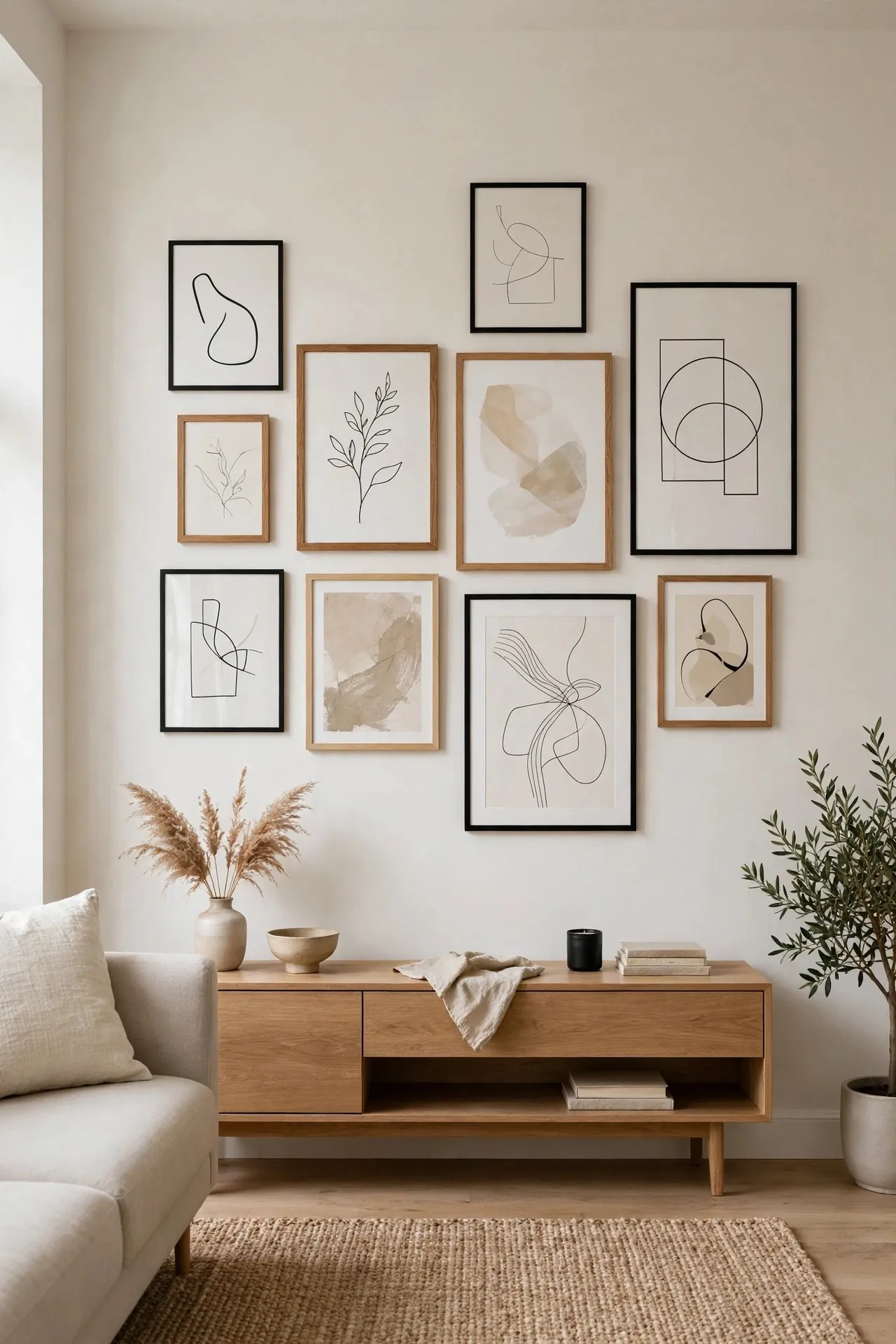 Modern asymmetrical gallery wall with abstract art