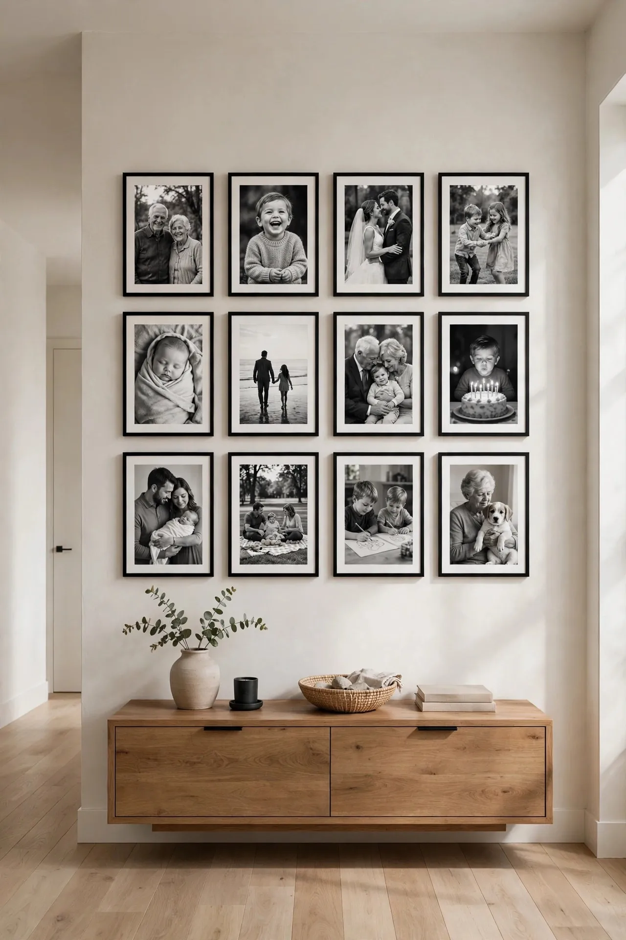 Black and white family photo gallery wall in matching black frames