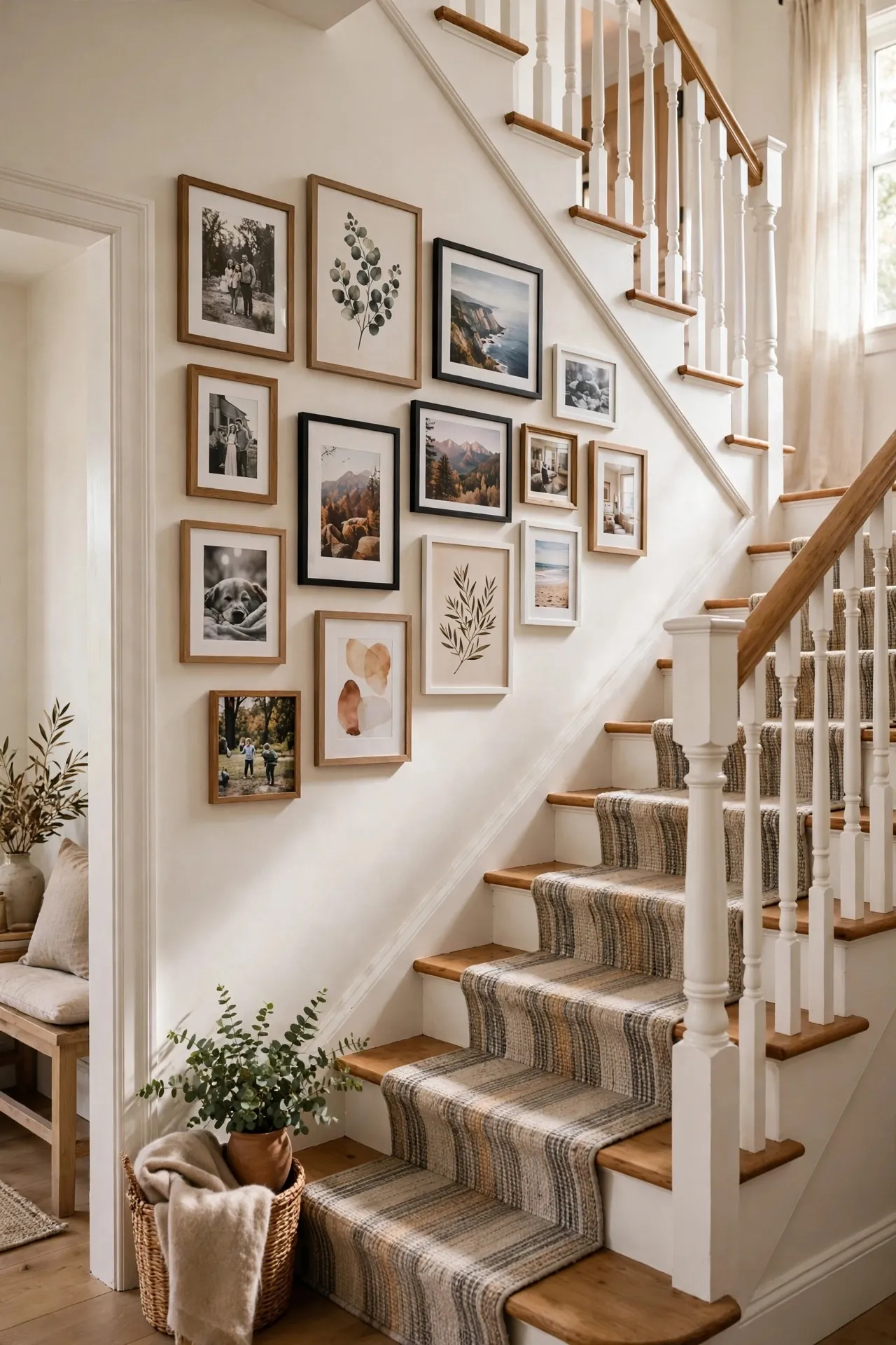 Staircase wall with a rising gallery of framed art