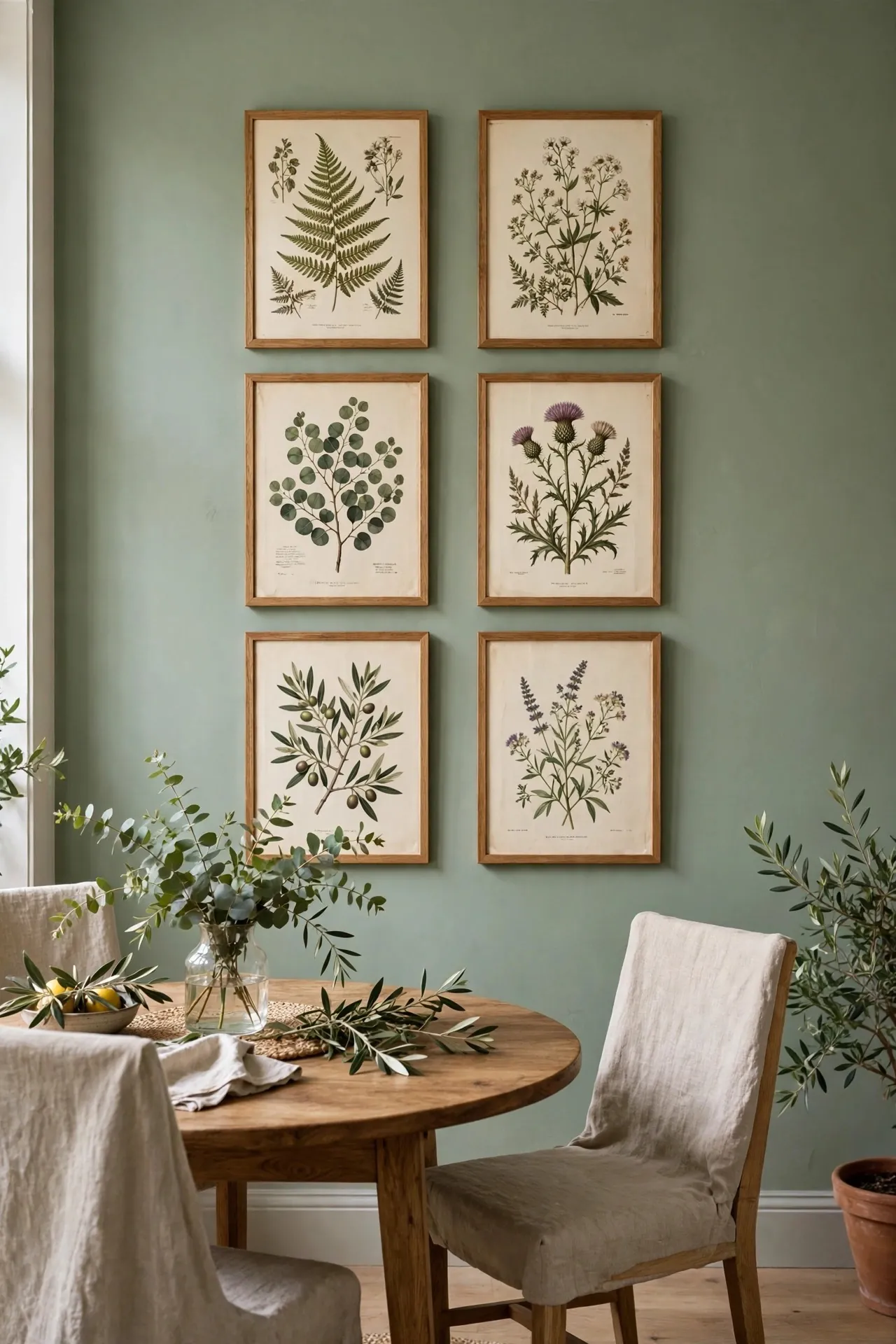 Botanical prints gallery wall in a sage green dining room